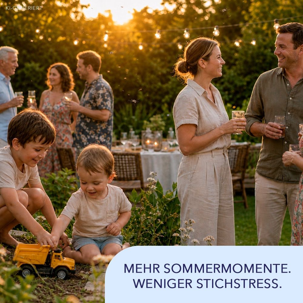 Familie genießt einen Sommerabend im Garten bei Kerzenlicht und Abendessen.