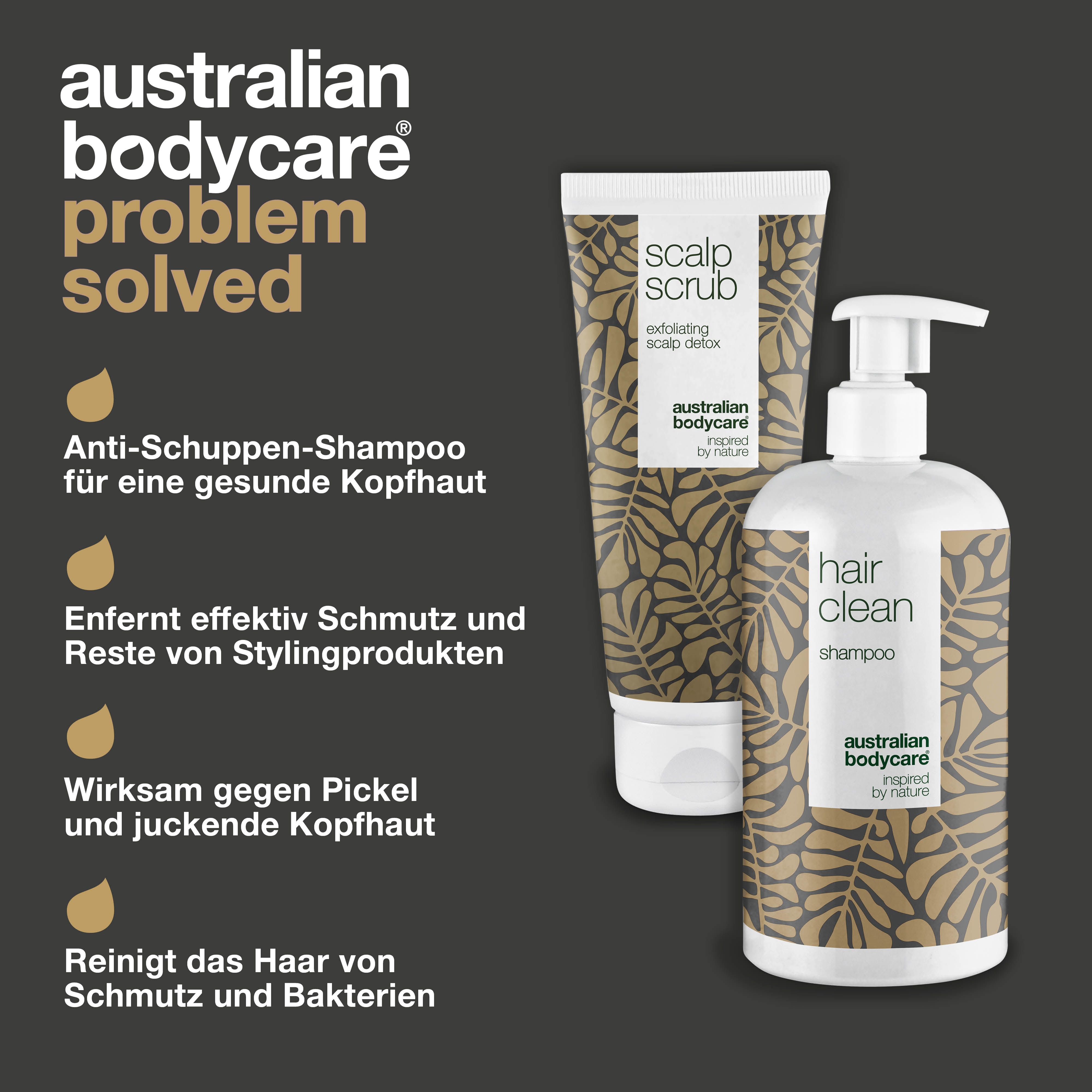 Produkt-Set: Shampoo und Peeling. Anti-Schuppen, entfernt Schmutz, wirkt gegen Pickel. Marke: Australian Bodycare.