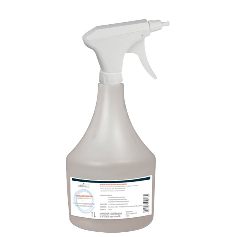 Desinfektionsmittel-Sprühflasche. Weiße Sprühvorrichtung, transparente Flasche mit Etikett. 1 Liter.