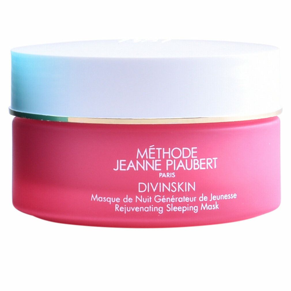 Rosa Tiegel mit weißem Deckel. Goldener Rand. Schriftzug: Méthode Jeanne Piaubert, Divinskin, Masque de Nuit Générateur de Jeunesse, Rejuvenating Sleeping Mask.