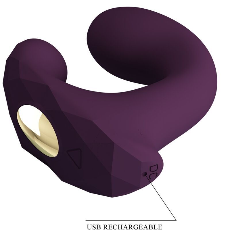 Lila Vibrator mit U-Form. Goldfarbene Öffnung. USB-Anschluss. Geometrische Oberfläche.