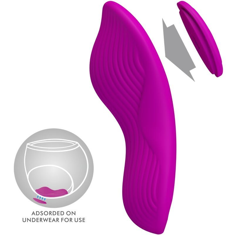 Lila Vibrator mit Wellenmuster. Eine Illustration zeigt die Verwendung unter der Unterwäsche.