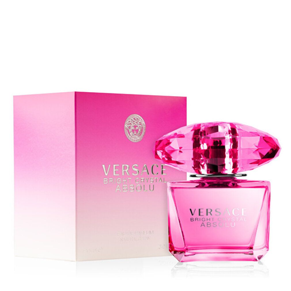 Rosa Flakon mit rosa Deckel und Verpackung. Aufschrift: Versace Bright Crystal Absolu Eau de Parfum.