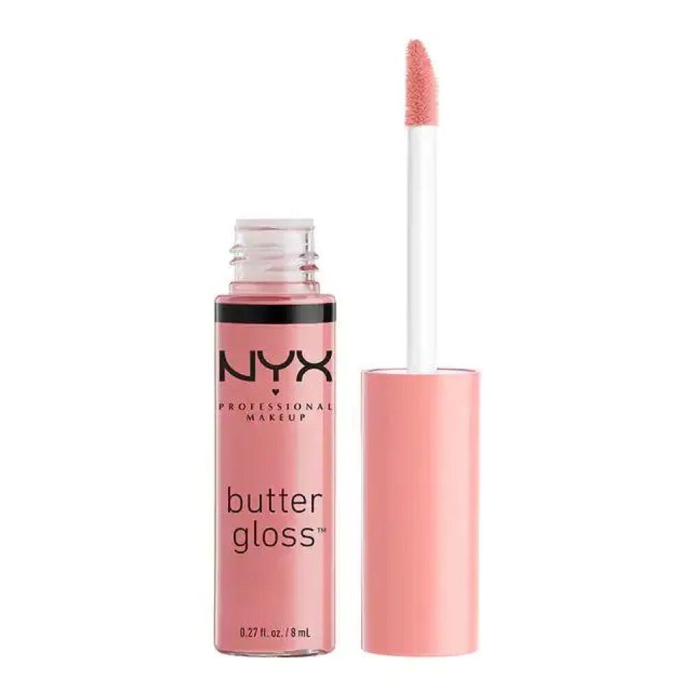 NYX Butter Gloss, rosa. Flasche geöffnet, Applikator sichtbar. Aufschrift: Butter Gloss, 8 ml.