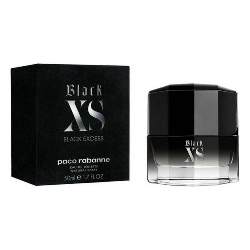 Schwarze Flasche und Box. Aufschrift Black XS, Black Excess, Paco Rabanne. 50ml E 1.7 FL OZ.