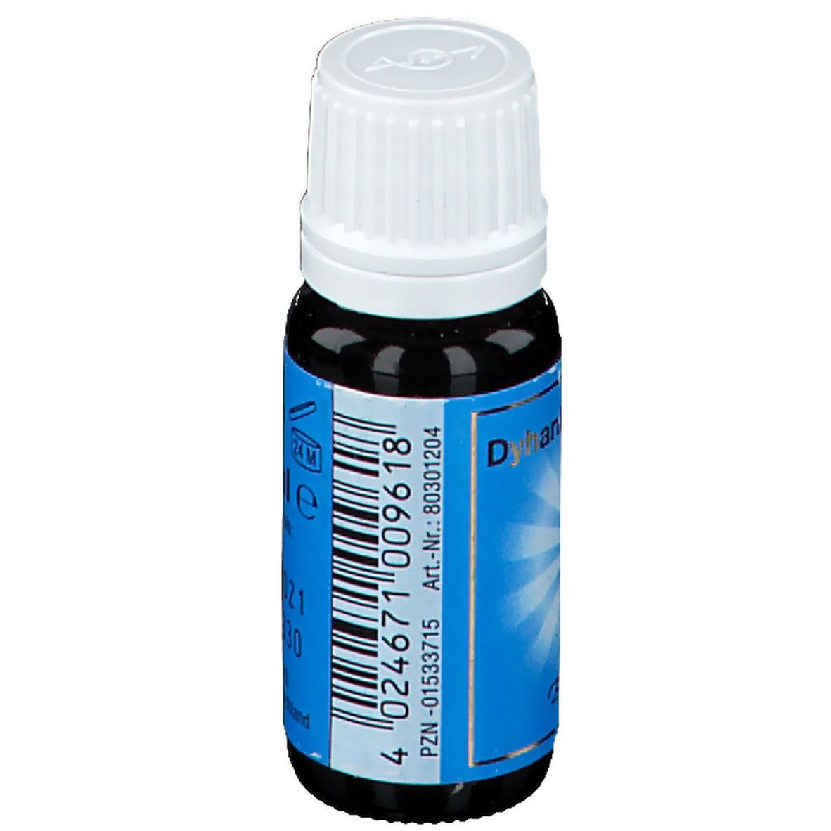 Braune Glasflasche mit weißem Deckel. Blaues Etikett mit Produktinformationen und Barcode. "Dyhankan Essenz" sichtbar.