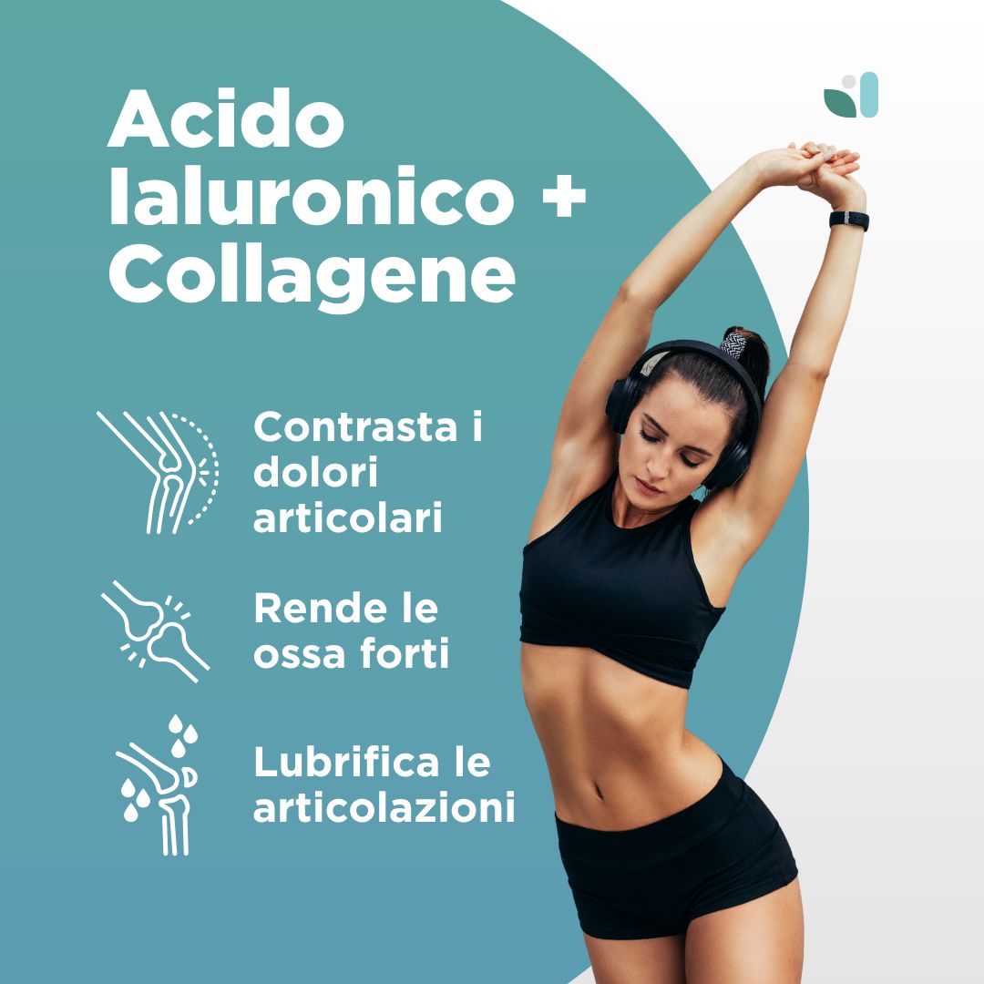 Donna che si allunga. Testo: Acido Ialuronico + Collagene. Contrasta i dolori articolari, rafforza le ossa, lubrifica le articolazioni.