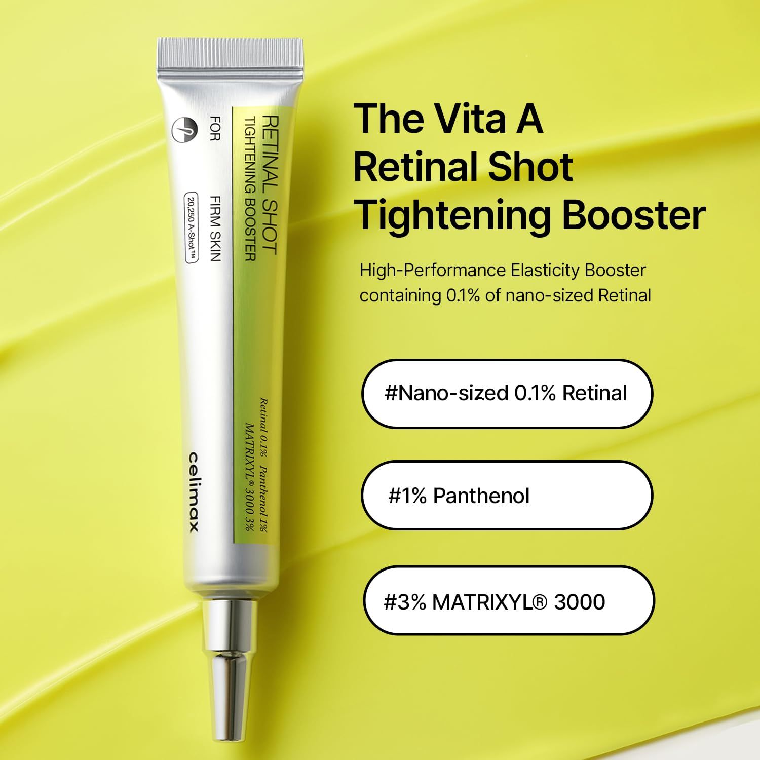 Celimax The -A Retinol Shot Tightening Booster Tube. Enthält 0,1% Retinal, 1% Panthenol und 3% Matrixyl 3000. Auf gelbem Hintergrund.