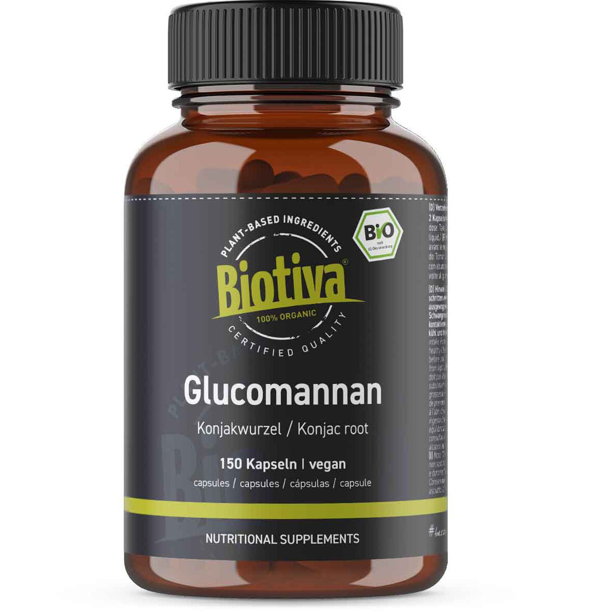 Braune Flasche mit schwarzen Deckel. Aufschrift Biotiva, Glucomannan, 150 Kapseln. Bio-Siegel.