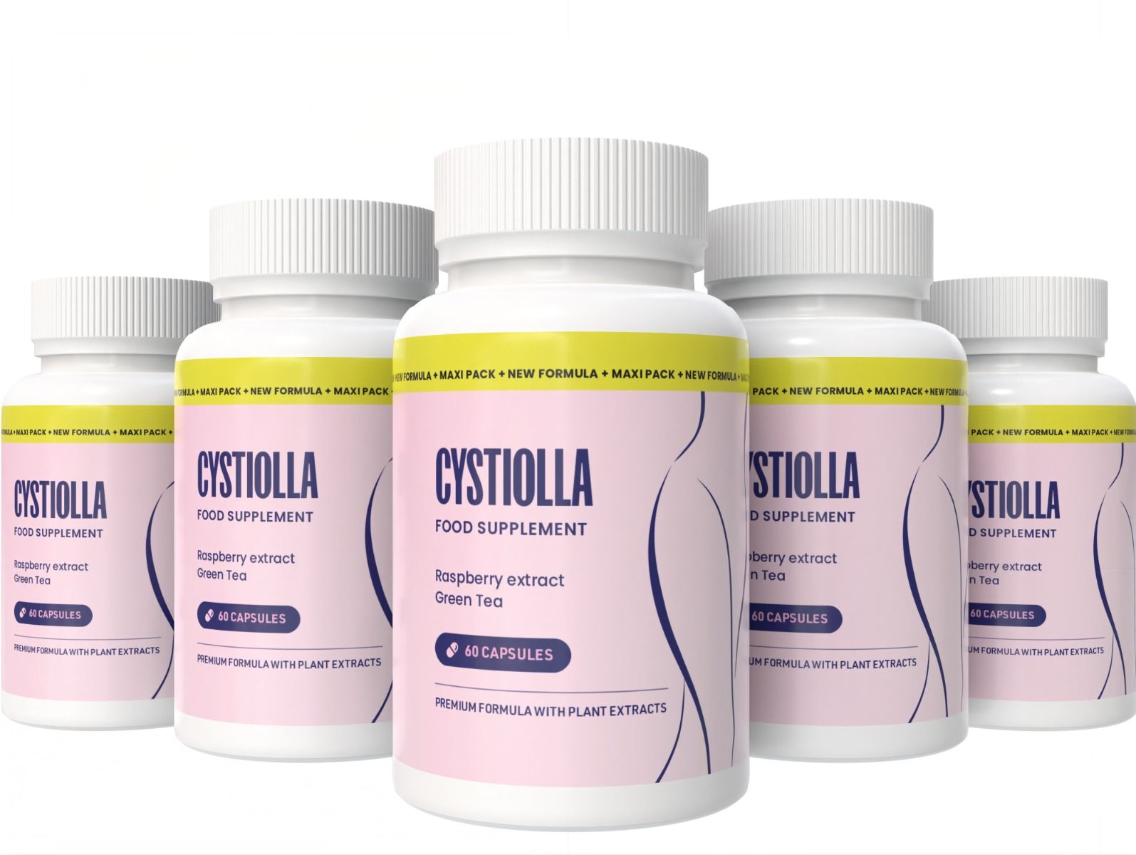 Fünf Flaschen mit rosa Etiketten. Aufschrift: Cystiolla, Food Supplement, Himbeerextrakt, Grüner Tee, 60 Kapseln. Weiße Flaschen.