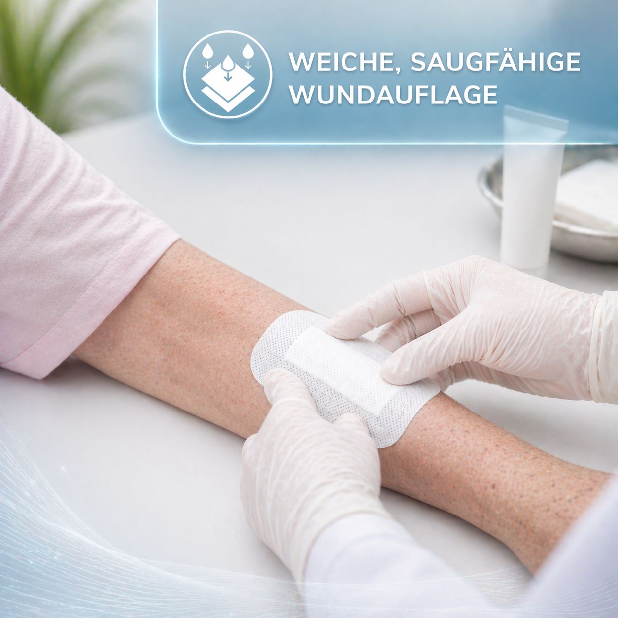 Anwendung eines sterilen Wundpflasters durch medizinisches Personal an einem Bein.