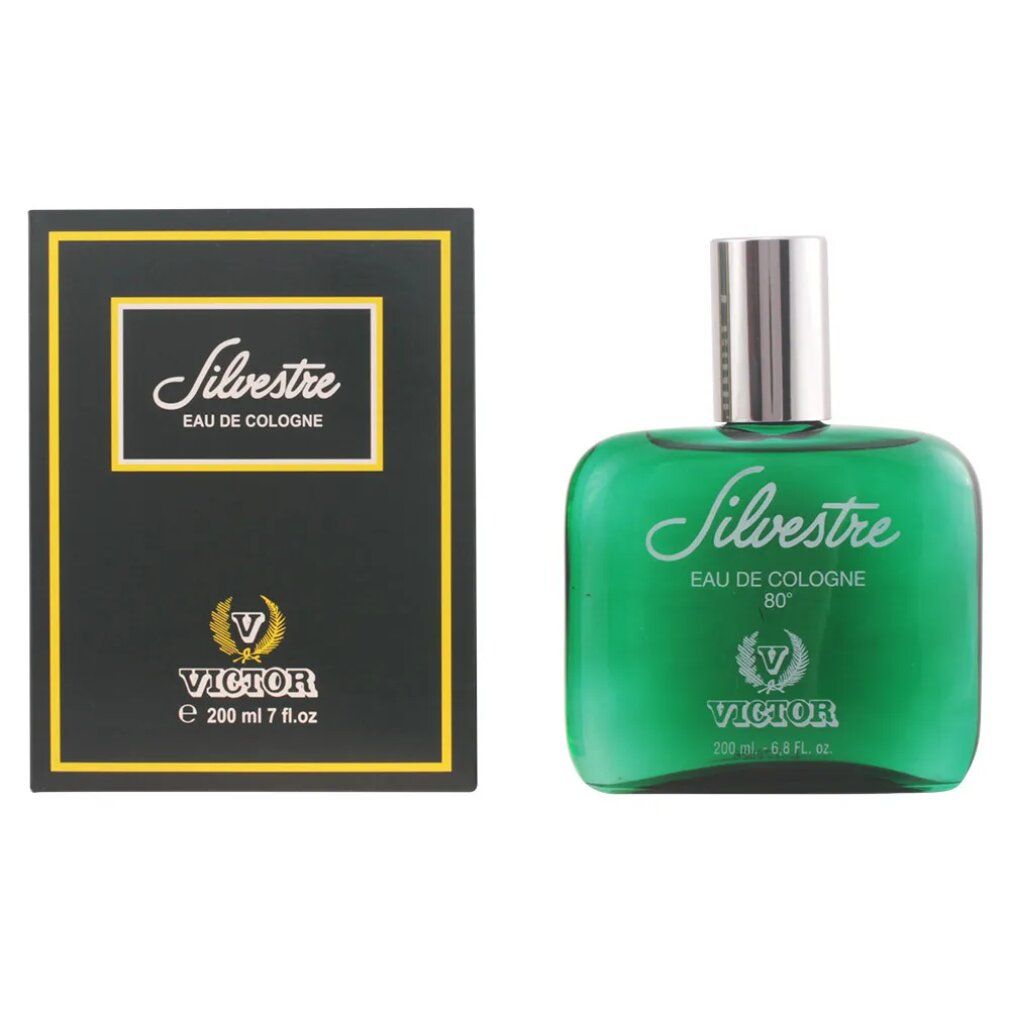 Grüne Eau de Cologne-Flasche und schwarze Schachtel mit gelbem Rahmen. Auf der Flasche steht "Silvestre Eau de Cologne". Auf der Schachtel steht "Victor".