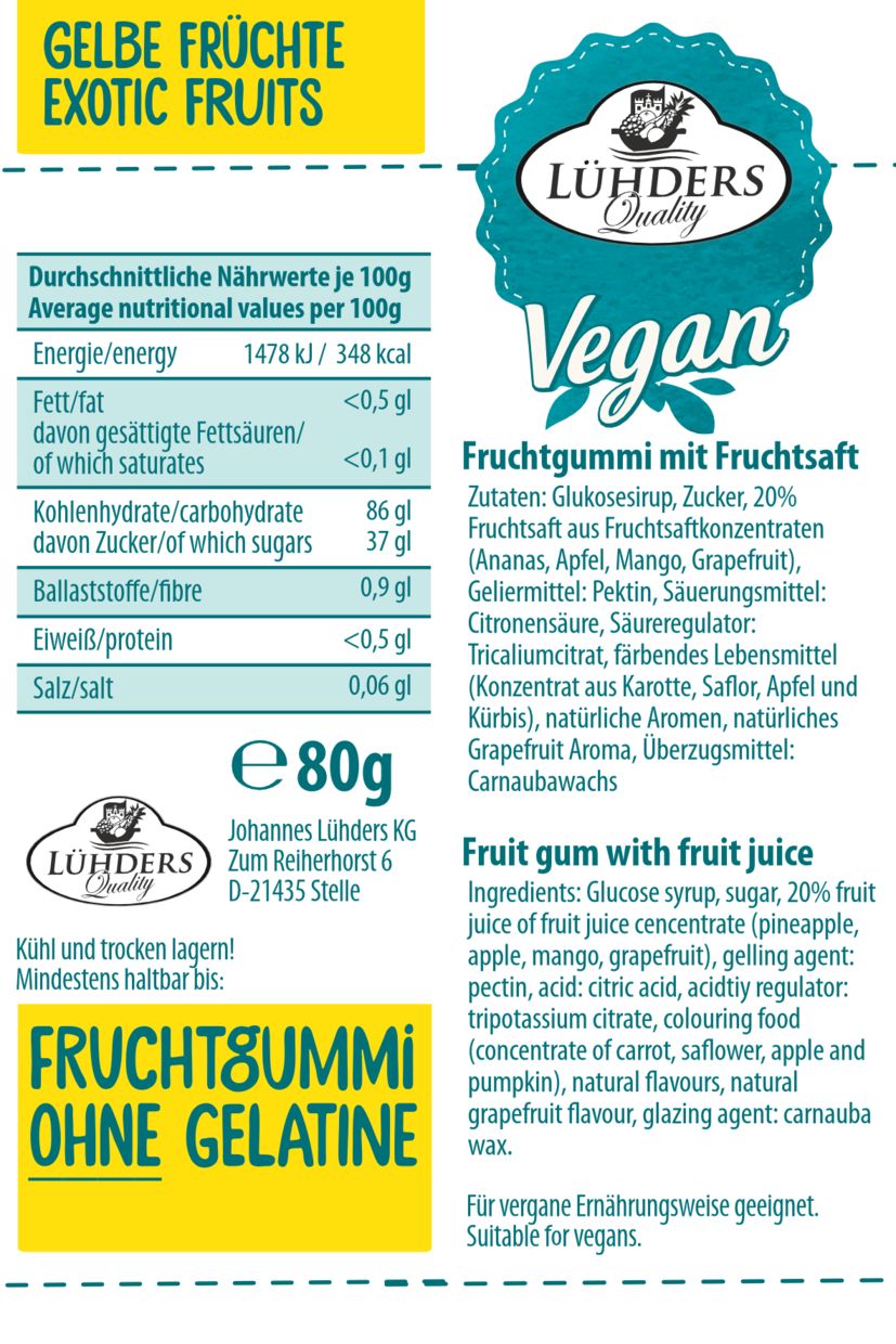 Lühders - Exotische/Gelbe Früchte Fruchtgummi, vegan (3er Set) 3x80 g Fruchtgummi