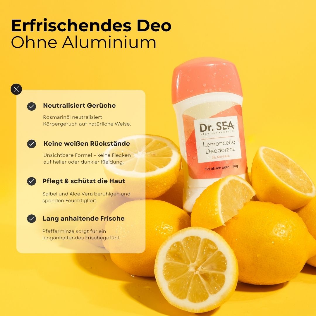 Deodorant-Stick mit Zitronen und Text. Text: Erfrischendes Deo ohne Aluminium, neutralisiert Gerüche, keine weißen Rückstände, etc.