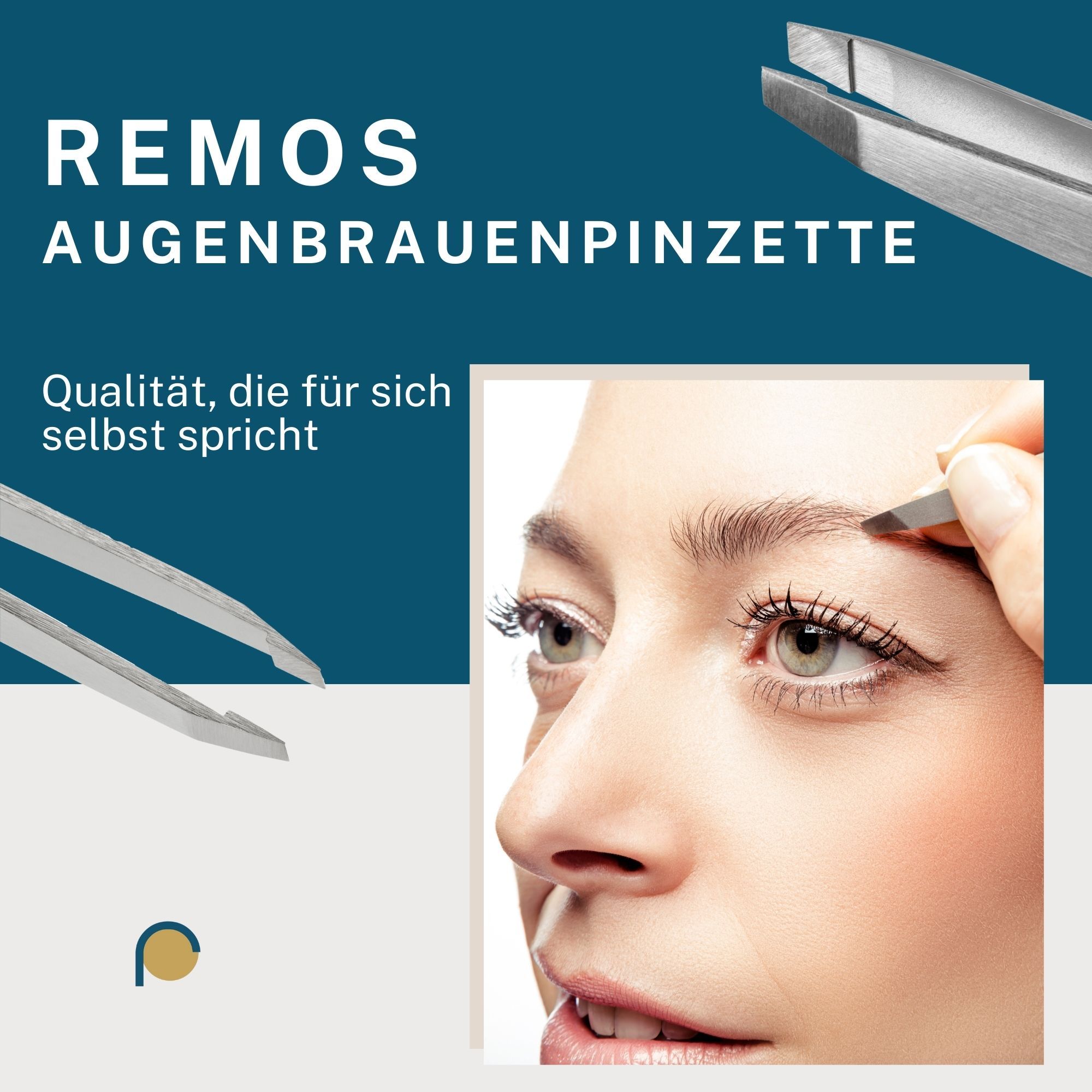 REMOS Augenbrauenpinzette aus Edelstahl, gezeigt im Detail und bei der Anwendung am Auge.