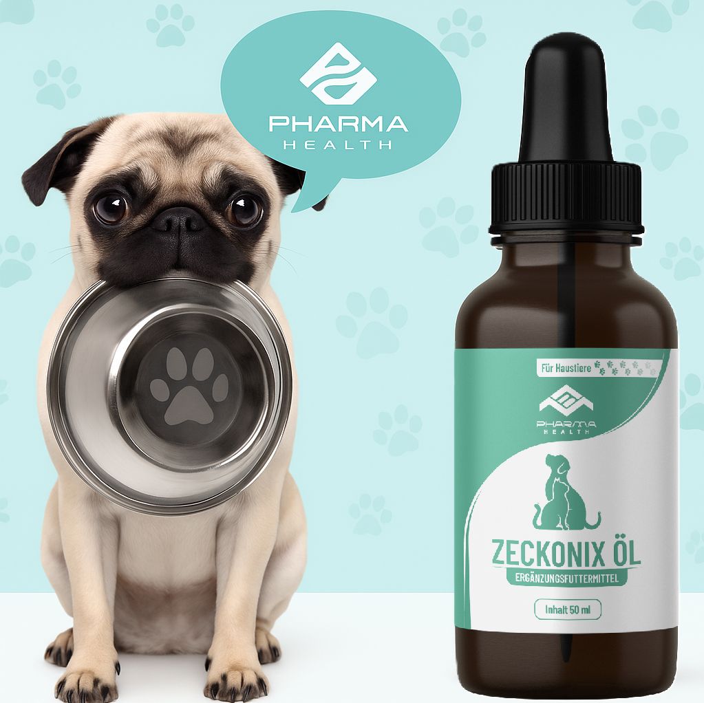 Braune Glasflasche mit Tropfer, neben Hund mit Futternapf. Text: Pharma Health, Zeckonix Öl. Inhalt 50 ml.