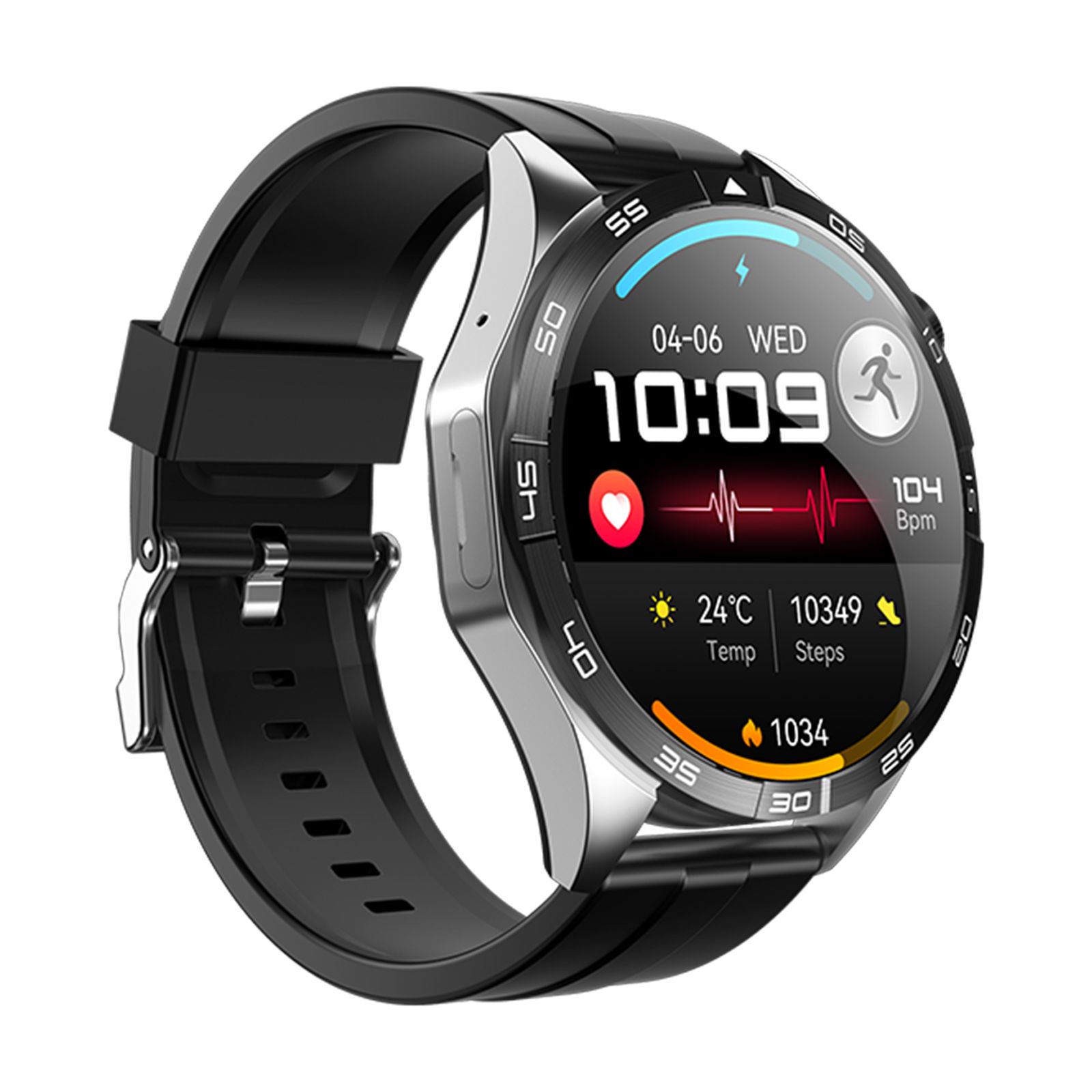 Smartwatch mit schwarzem Armband und silbernem Gehäuse. Digitalanzeige mit Datum, Uhrzeit, Herzfrequenz und Aktivitätsdaten.