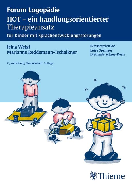 Buchcover mit Titel: HOT - ein handlungsorientierter Therapieansatz. Illustrationen von Kindern beim Basteln. Verlag Thieme.