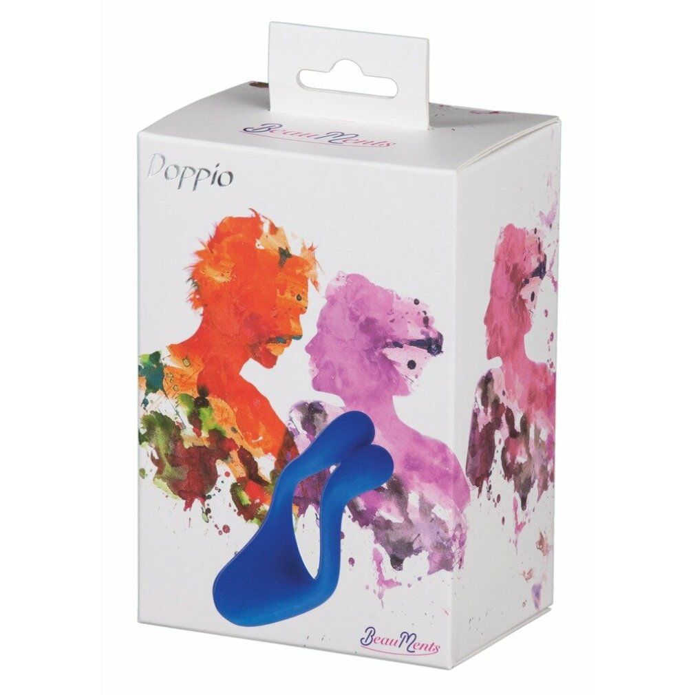 Verpackung für Vibrator. Weiß mit farbigen Silhouetten und dem Wort 'Doppio'.