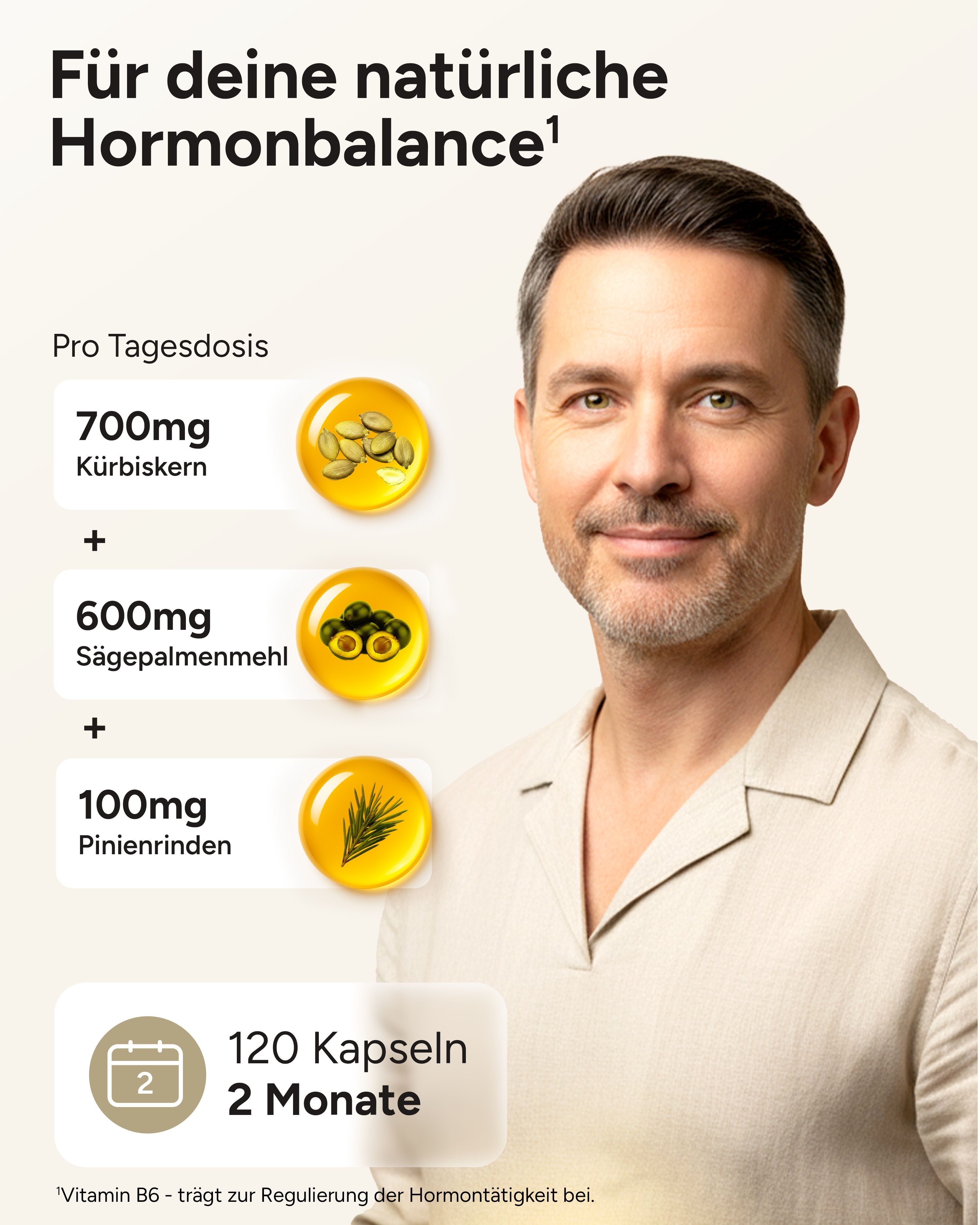 Mann mit Produktabbildungen. 700mg Kürbiskern, 600mg Sägepalmenmehl, 100mg Pinienrinde. 120 Kapseln, 2 Monate.