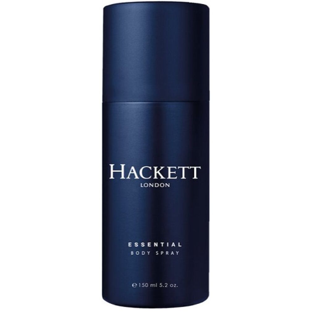 Dunkelblaue Sprühflasche. Hackett London, Essential Body Spray. Weiße Schrift. Volumenangabe.