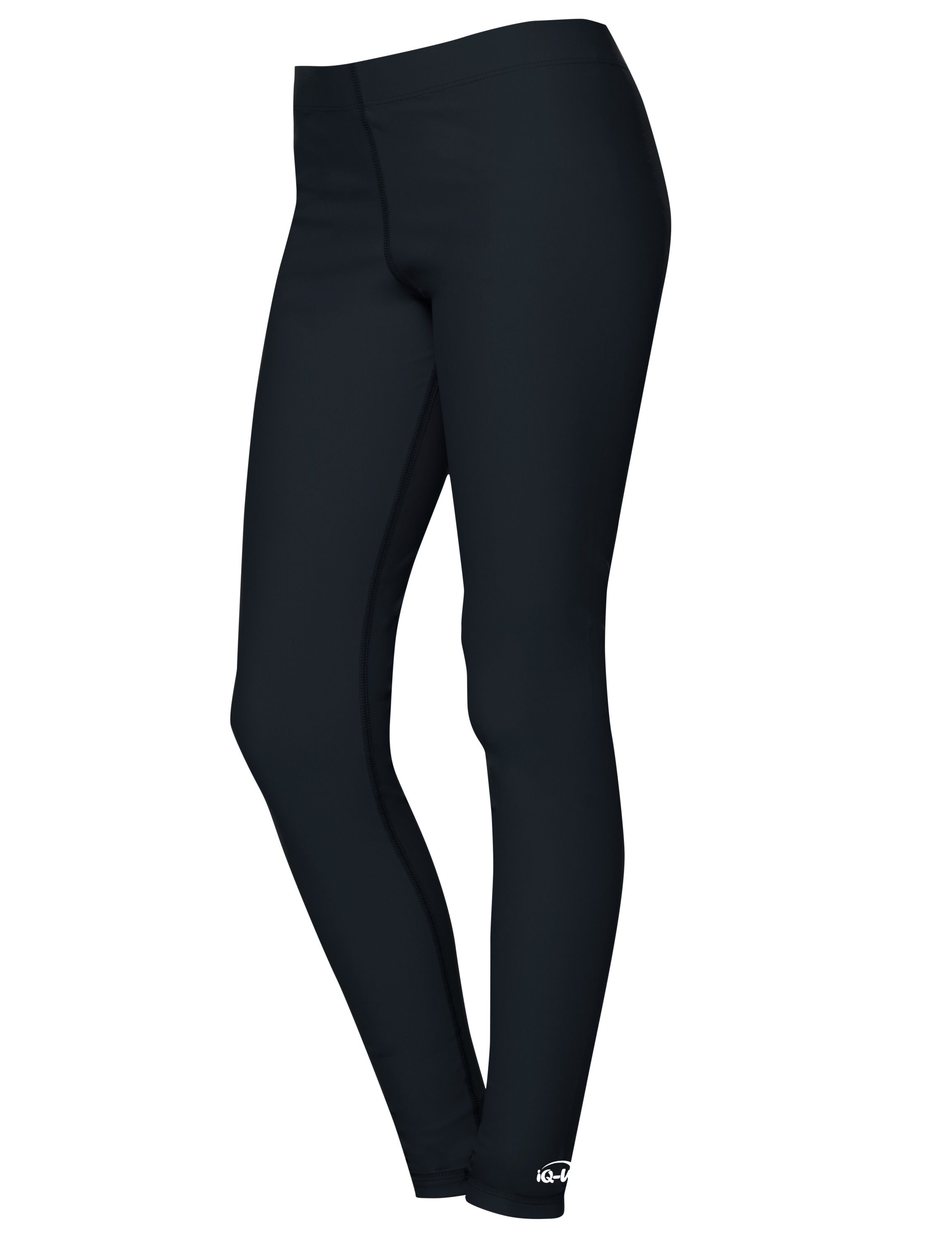 Schwarze Leggings. iQ-UV Logo am Bein. Blick von der Seite.