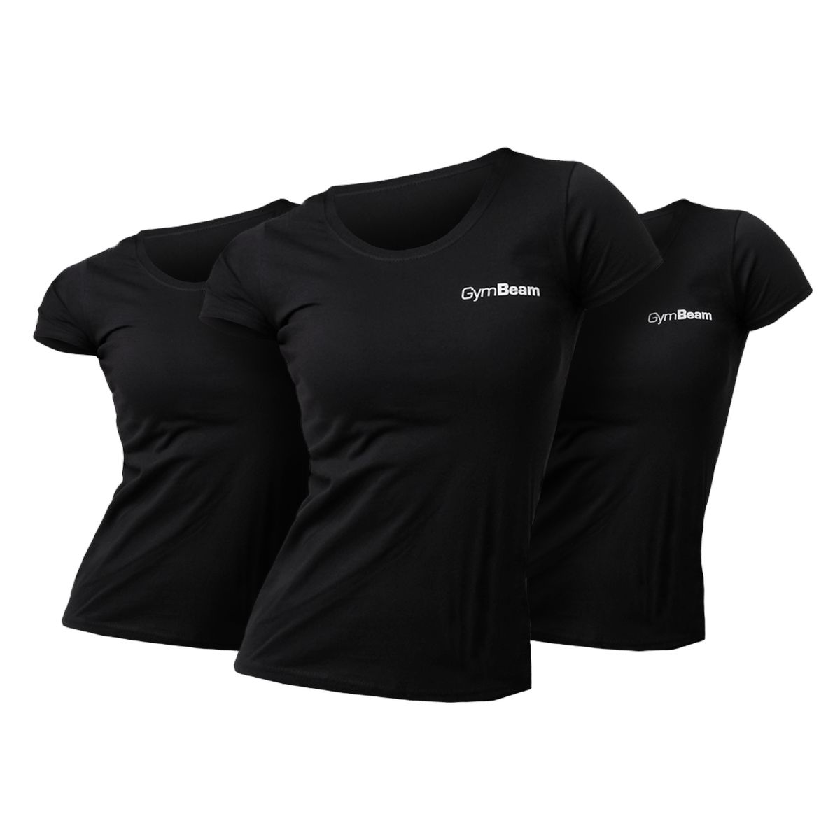 Drei schwarze GymBeam Damen-T-Shirts mit Rundhalsausschnitt und kurzen Ärmeln, Logo auf der Brust.