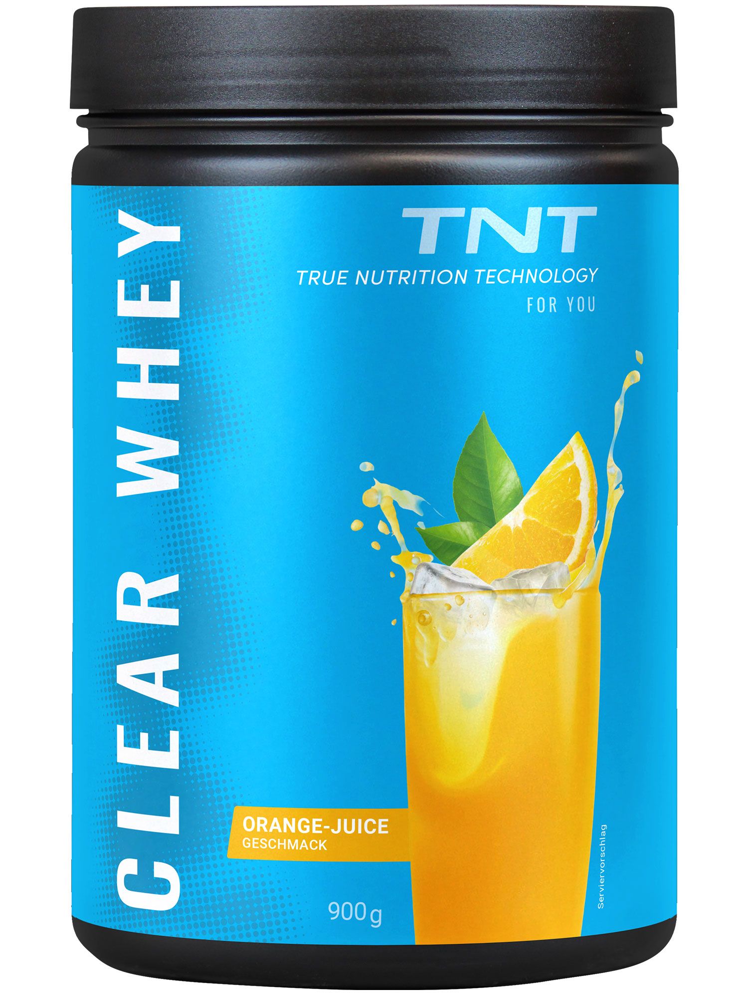 Schwarze Dose mit TNT Clear Whey, blauem Hintergrund und Orangensaft-Abbildung. Text: Orange Juice, 900g.