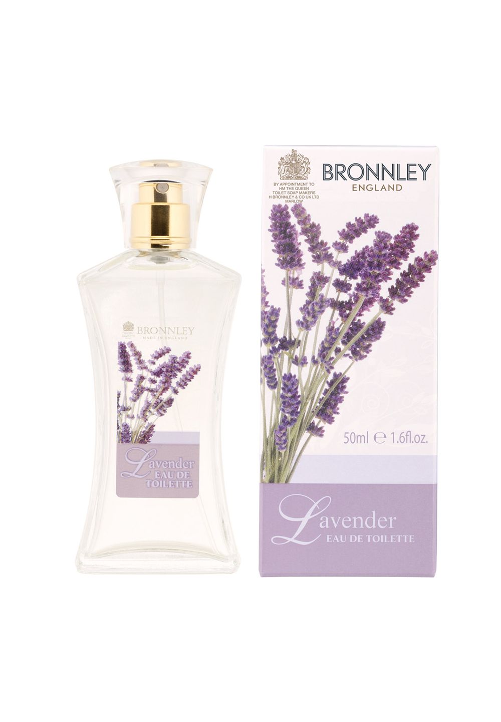 BRONNLEY Bro Lavender EDT Vapo. Flakon und Schachtel. Flakon mit Zerstäuber, goldfarben. Schachtel mit Lavendel-Illustration.
