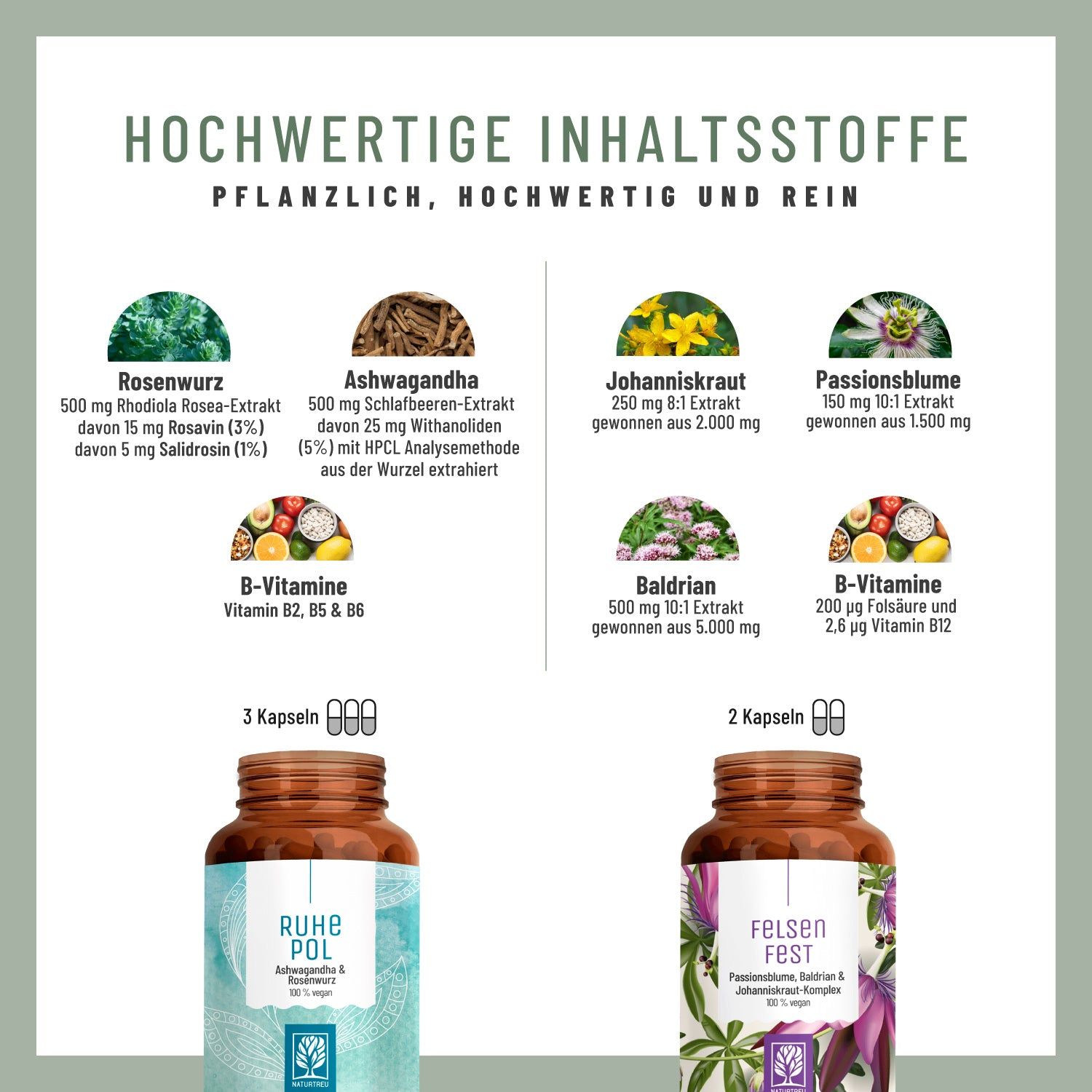 Infografik mit Inhaltsstoffen. Zeigt Rosenwurz, Ashwagandha, Johanniskraut, Passionsblume, B-Vitamine und Baldrian. Flaschen von RUHE POL und FELSEN FEST.