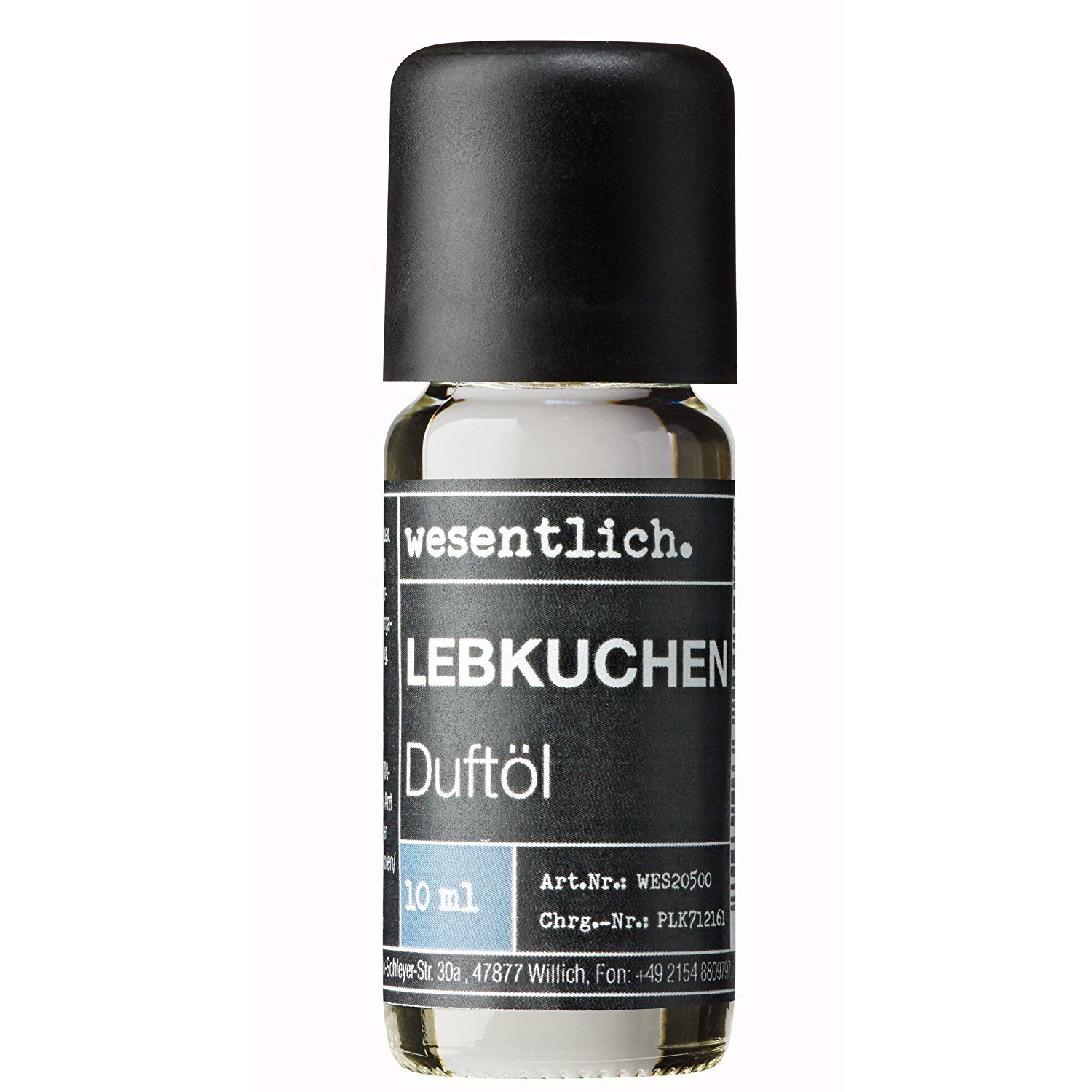 Kleine Glasflasche mit schwarzem Deckel. Etikett mit Text: LEBKUCHEN Duftöl, 10 ml, wesentlch.