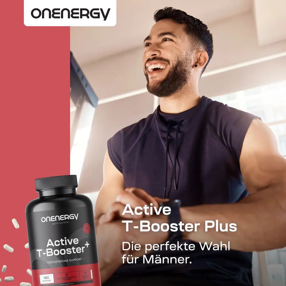 Mann lächelt, daneben eine Dose OnEnergy Active T-Booster Plus. "Die perfekte Wahl für Männer."