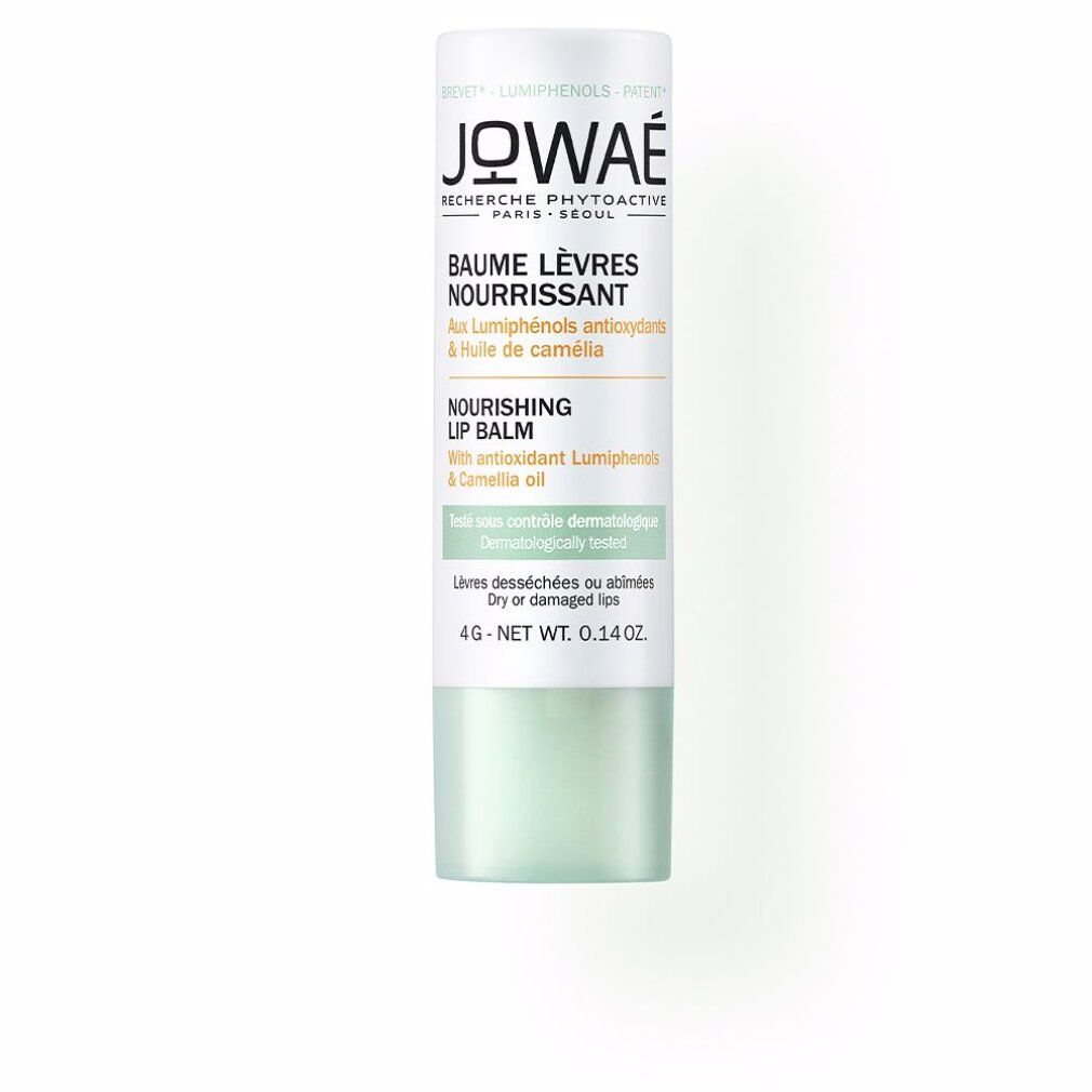 Lippenbalsam-Stift mit weißem Deckel und grünem Unterteil. Produktname und Inhaltsstoffe sind aufgedruckt.