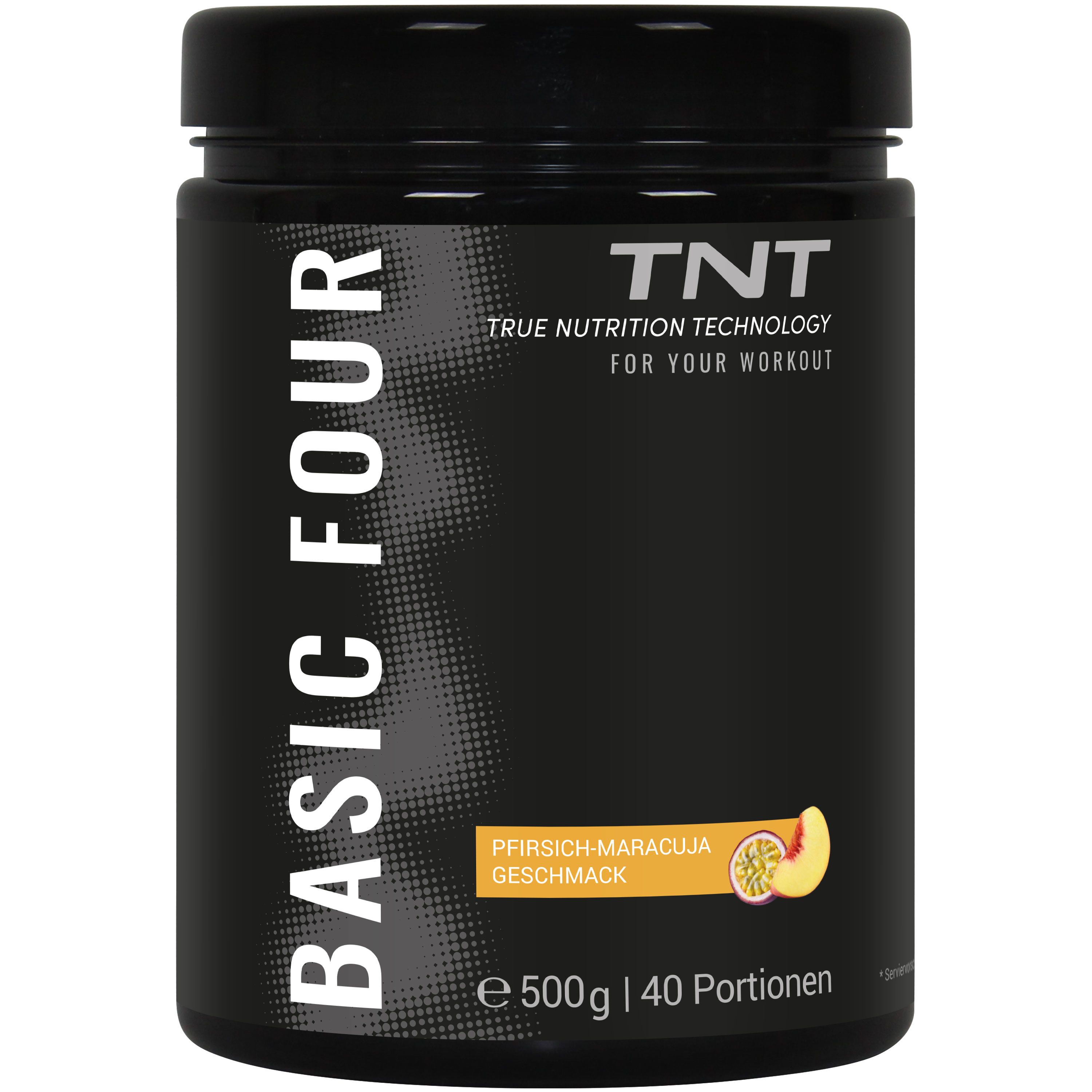 Schwarze Dose mit Aufschrift BASIC FOUR und TNT Logo. Geschmack: Pfirsich-Maracuja. 500g, 40 Portionen.