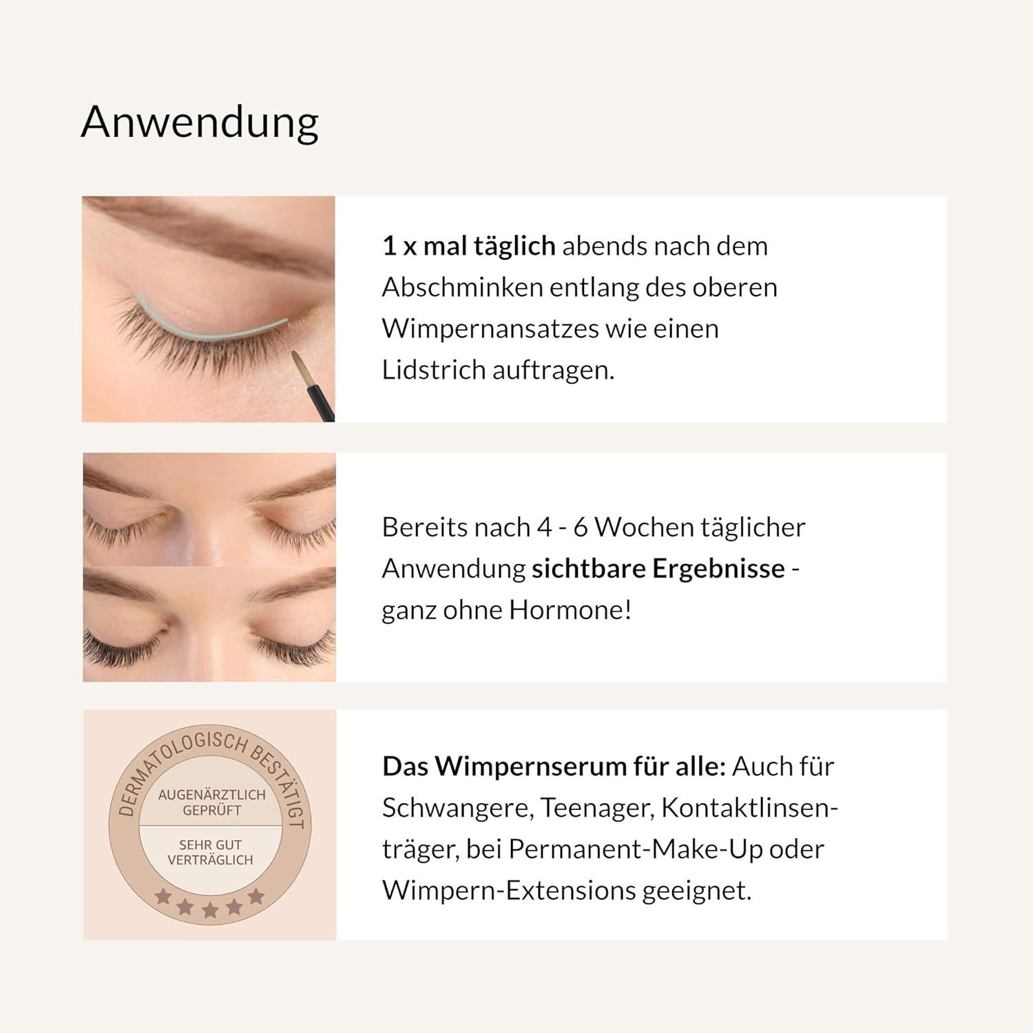Anwendungshinweise für Cosphera Neverending Lashes mit Bildern und Text.