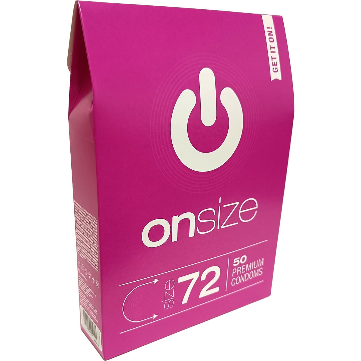 Rosa Verpackung mit weißem Logo und Schriftzug "onsize". Aufschrift "size 72" und "50 Premium Kondome".