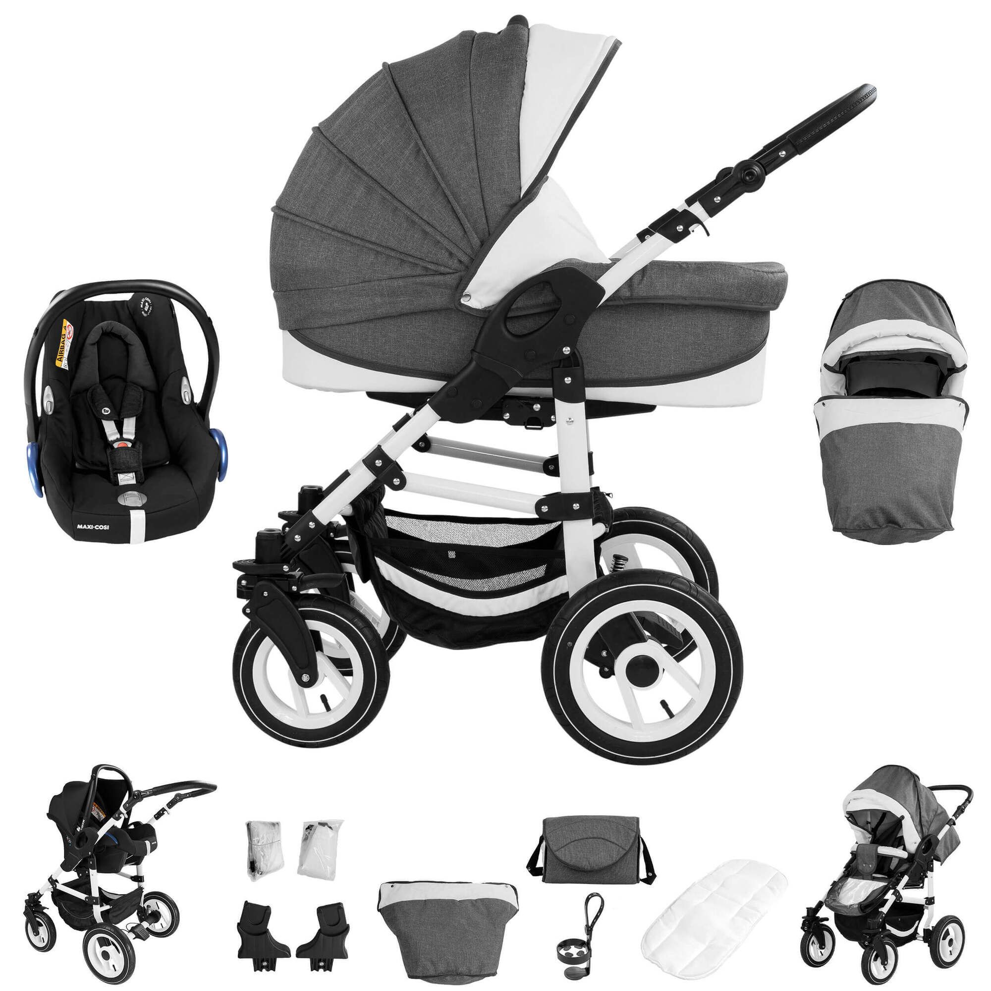 Bebebi Florenz 3 in 1 Kinderwagen Set mit Original Maxi Cosi, Hartgummireifen, Marco Darkgrey White