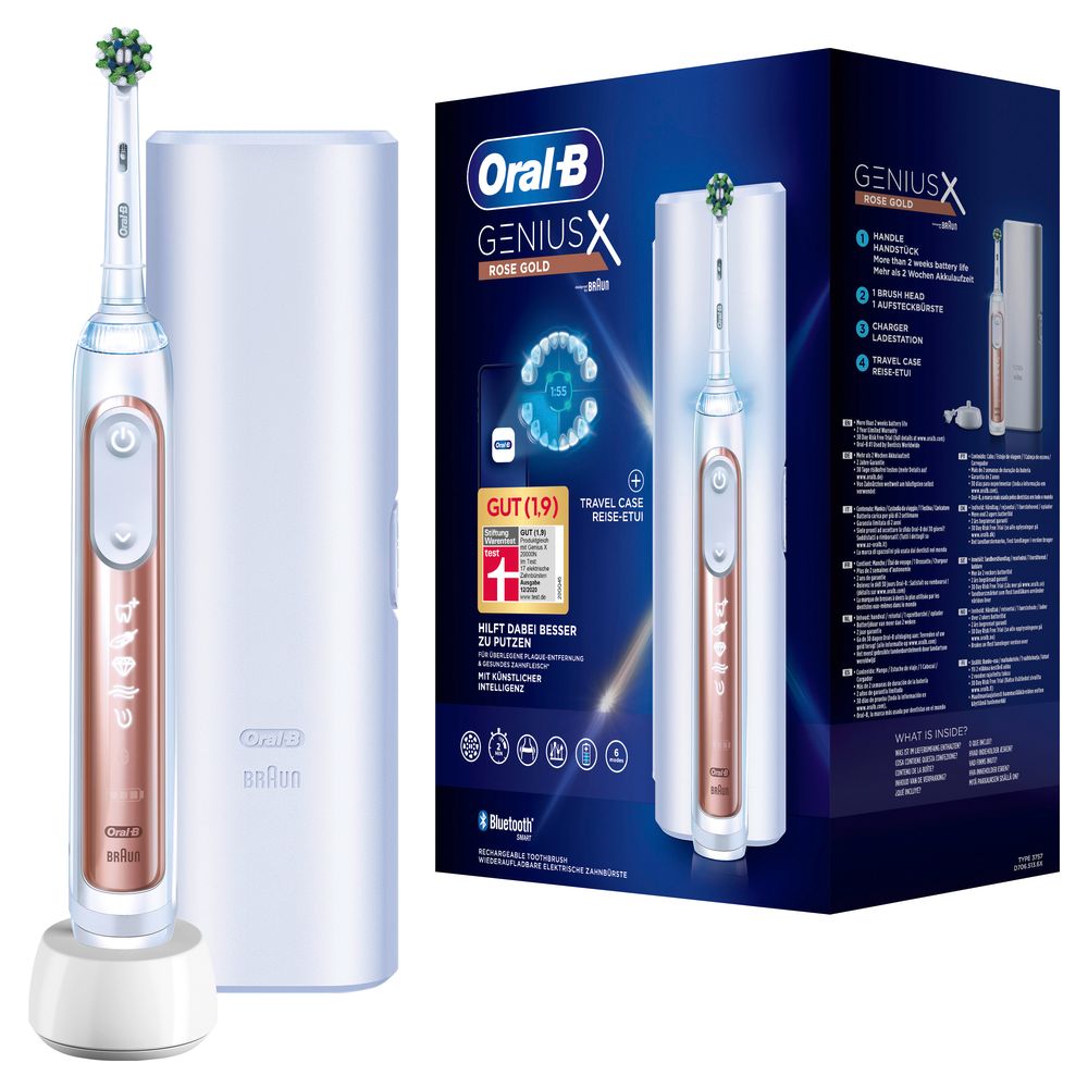 Elektrische Zahnbürste, Rosegold, mit Reiseetui und Ladestation. Verpackung mit Produktabbildung und Logos.