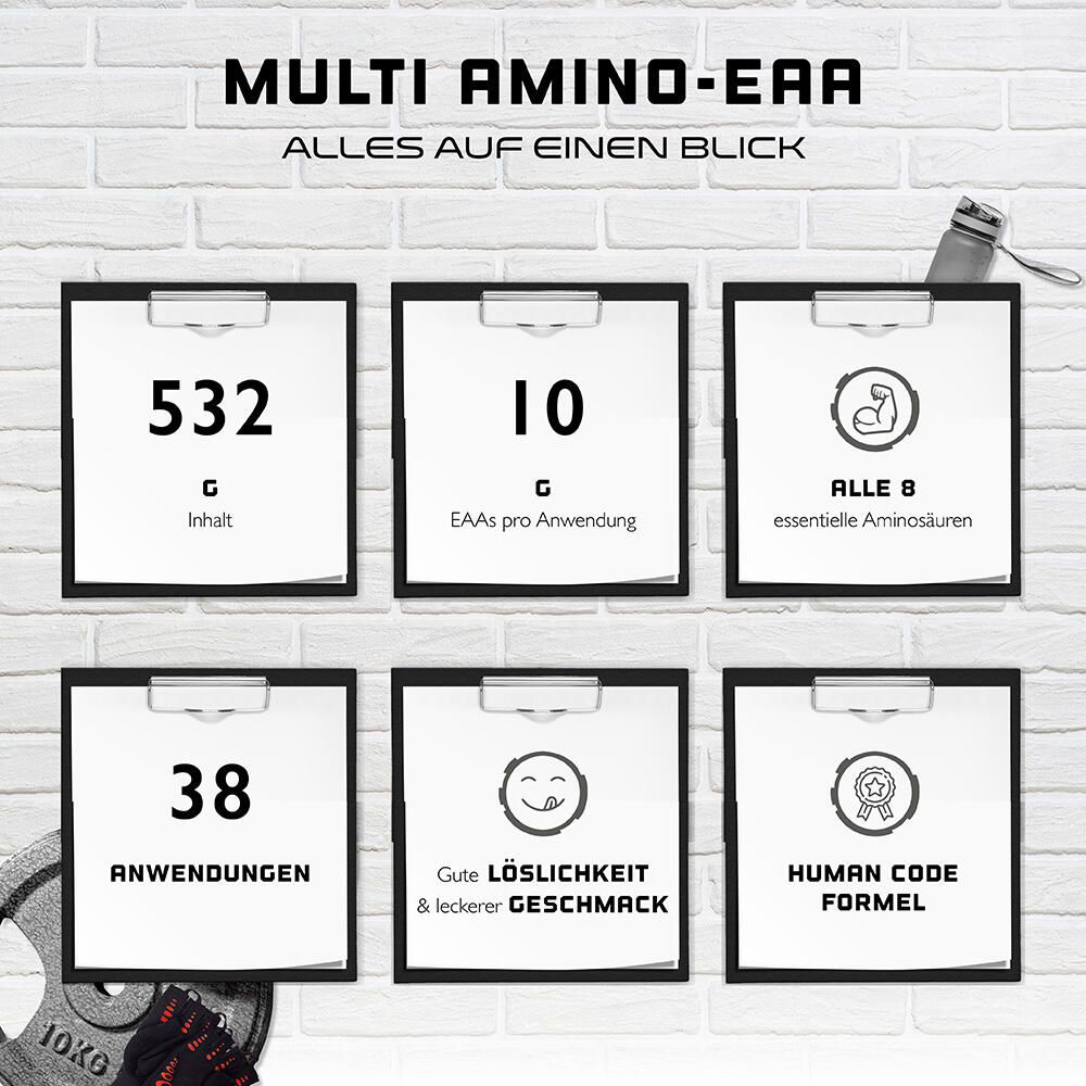 Infografik mit 6 Tafeln. Enthält Informationen zu Inhalt, EAAs, Portionen, Löslichkeit und Human Code Formel.