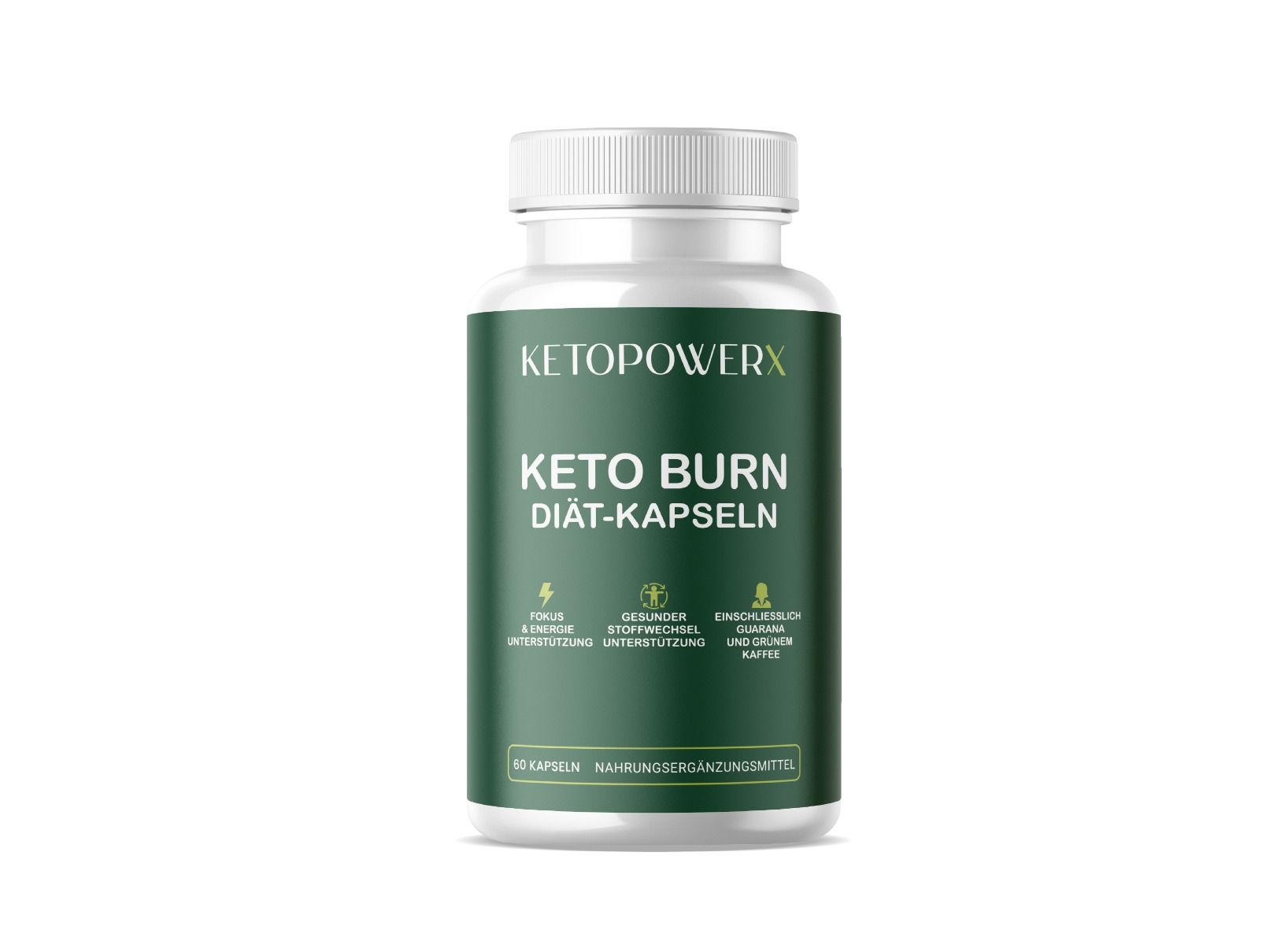 Eine weiße Flasche mit grünem Etikett. Auf dem Etikett steht "KETOPOWERX" und "KETO BURN DIÄT-KAPSELN". Enthält 60 Kapseln.