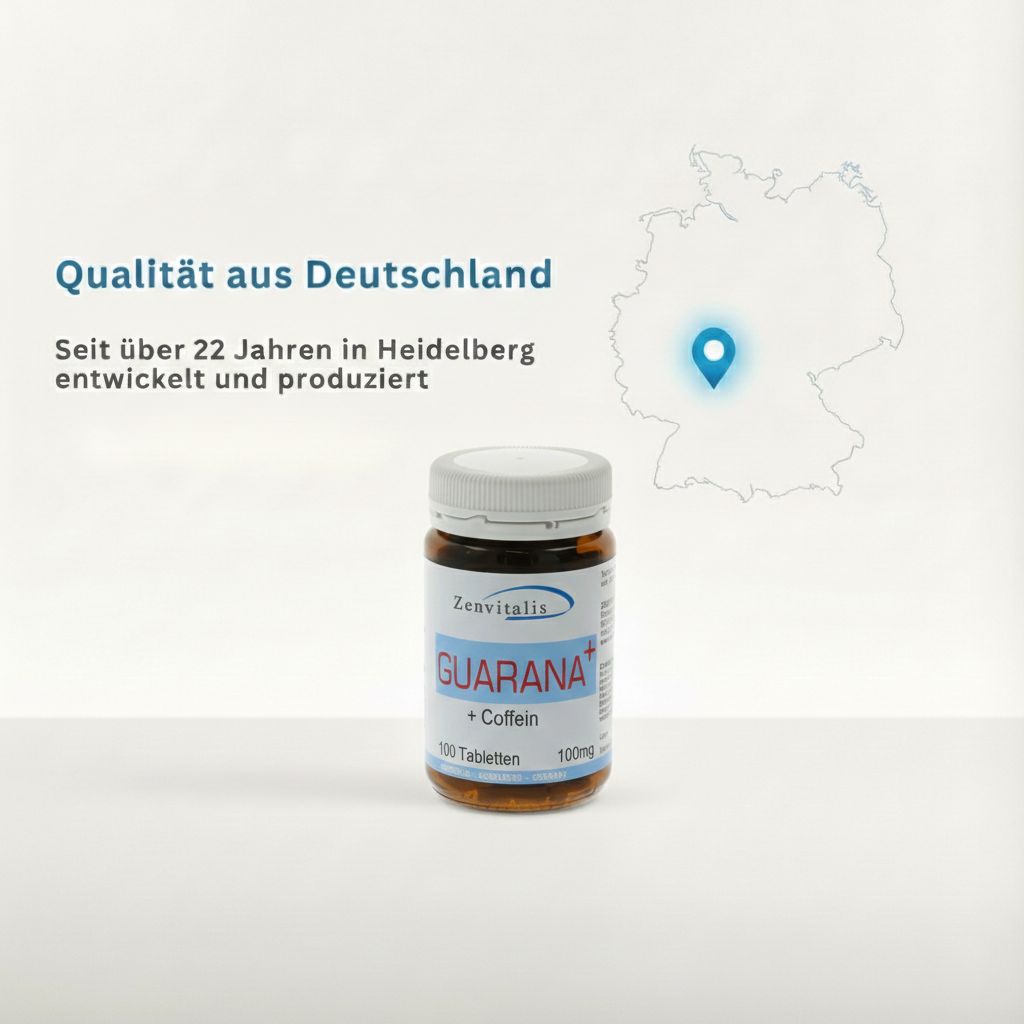 Braune Tablettenflasche mit weißem Deckel. Text: Qualität aus Deutschland. Karte von Deutschland.