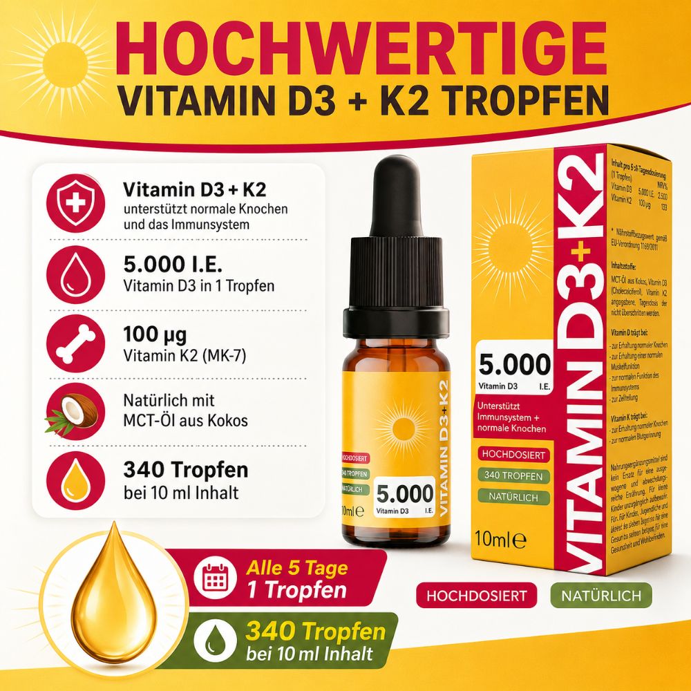 SOS-Apo Vitamin D3 + K2 Tropfen hochdosiert 5.000 I.E. + 100 µg K2 MK-7, vegan, MCT-Öl