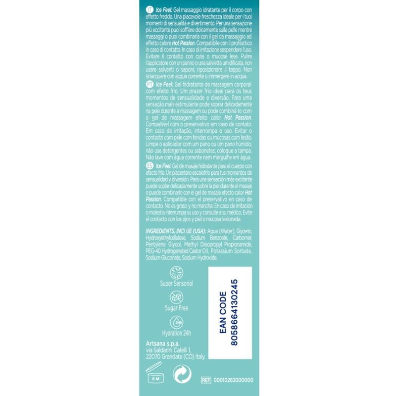 Verpackung für Ice Feet Gel mit Hinweisen zu Inhaltsstoffen und EAN-Code.