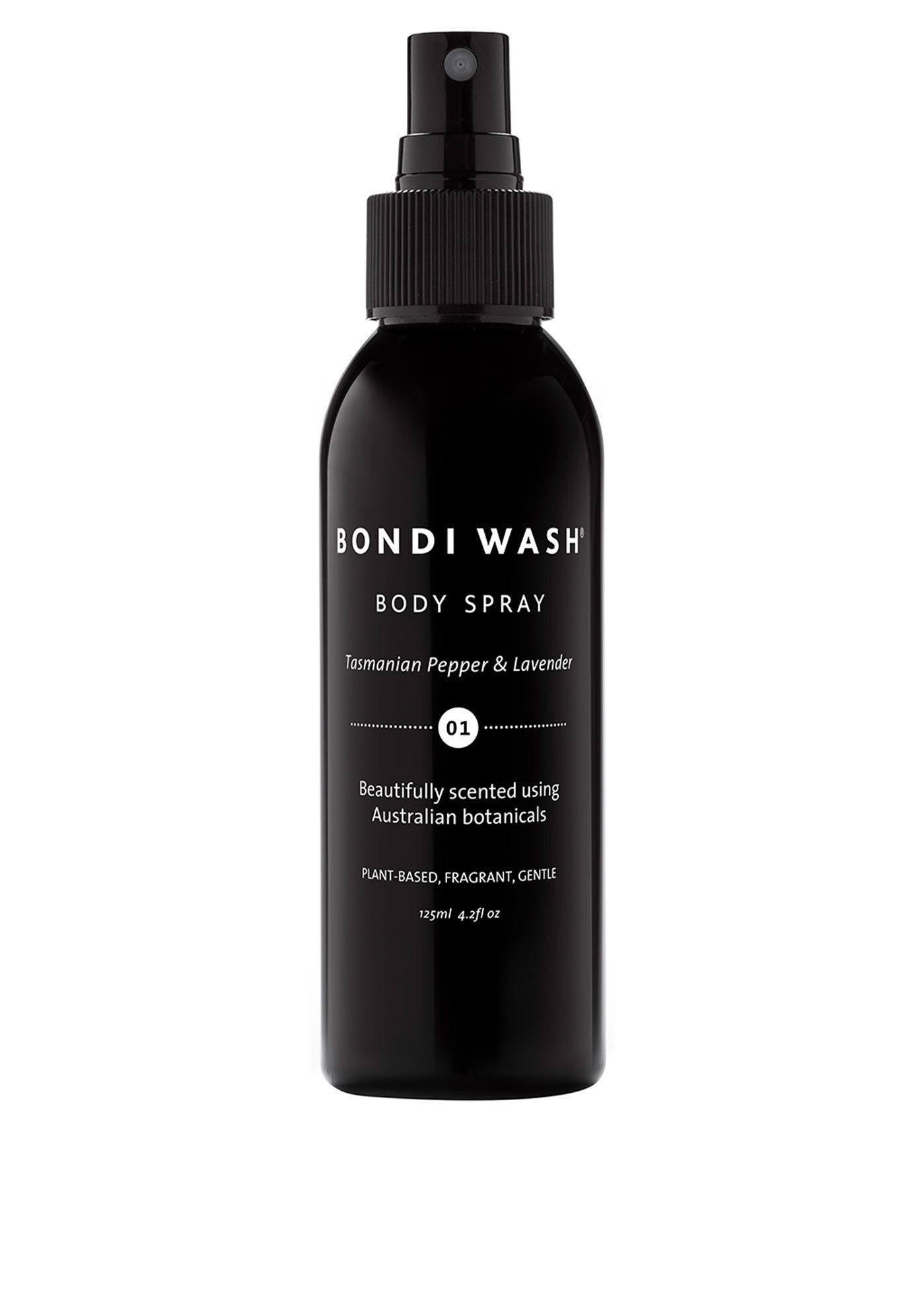 Schwarze Sprühflasche mit Aufschrift Bondi Wash Body Spray. Enthält tasmanischen Pfeffer und Lavendel. 125 ml.