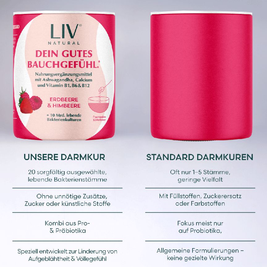 LIV Darmkur | Himbeere Erdbeere aus ganzen Früchten, mit Bakterienkulturen und Ashwagandha KSM-66®