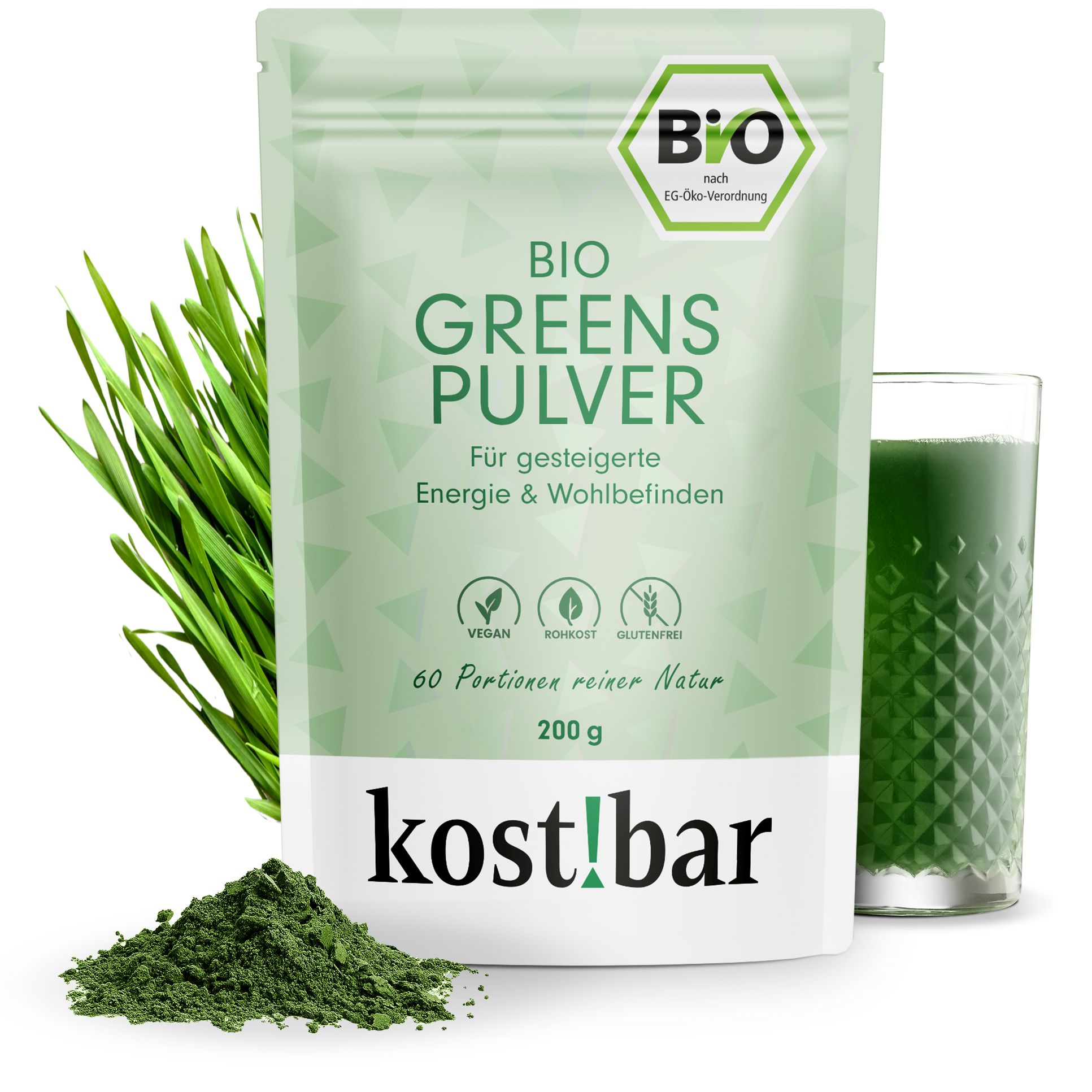 Grünes Pulver in Beutel, Glas mit Getränk, Bio-Siegel. Text: BIO Greens Pulver, 60 Portionen, 200g, kost!bar.