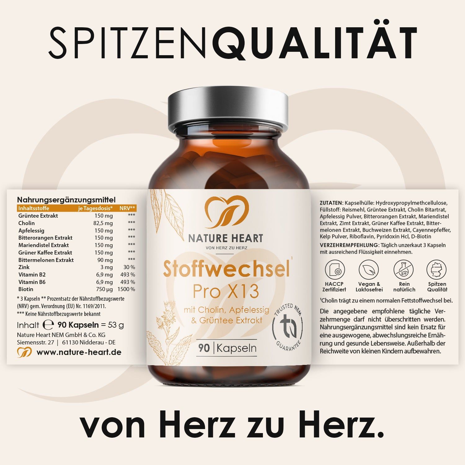 Braune Glasflasche mit Kapseln. Stoffwechsel Pro X13. Zutatenliste und Nährwertangaben. 90 Kapseln. Text: von Herz zu Herz.