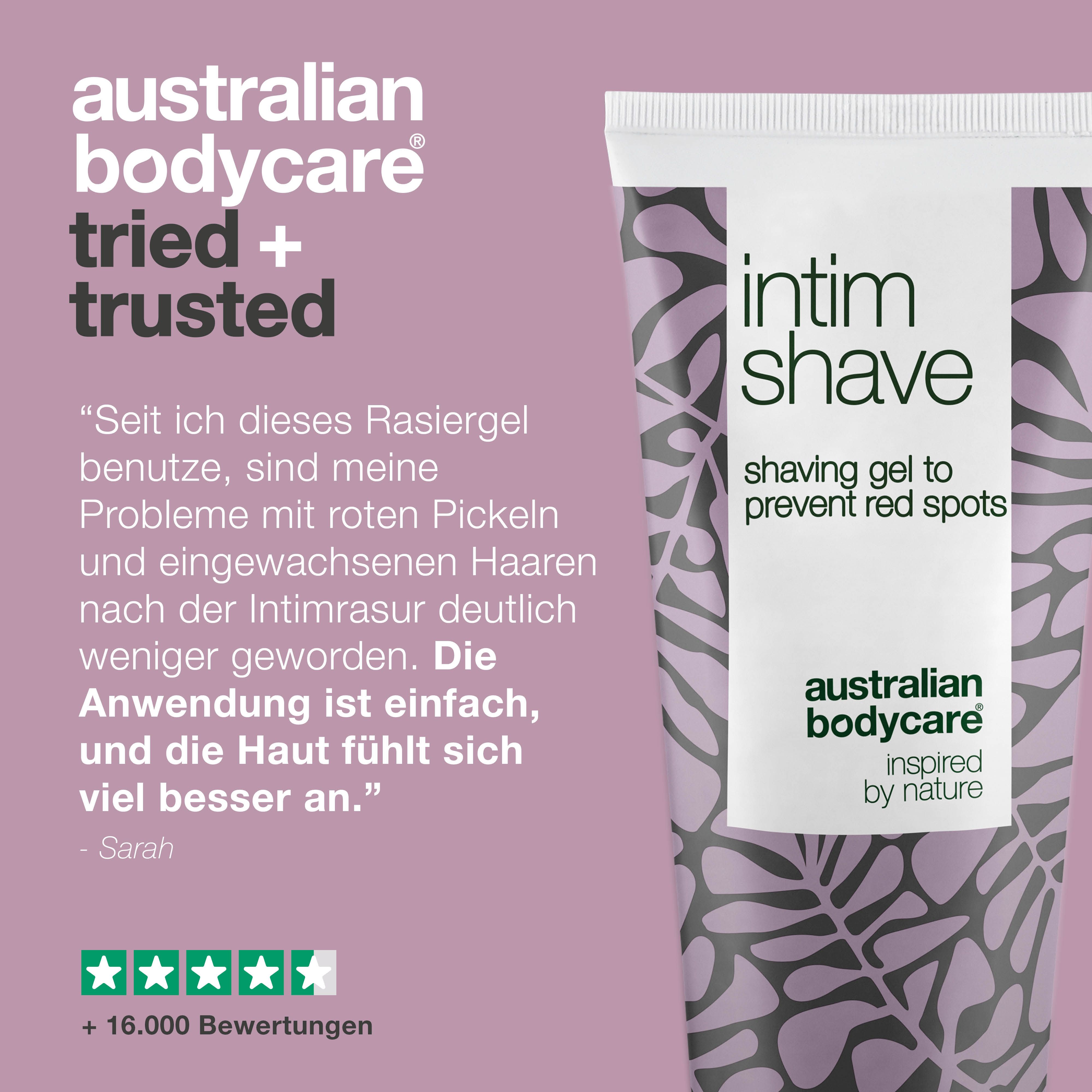 Intim Shave Rasiergel, Text: Australian Bodycare, Erfahrungsbericht. Sternebewertung. Pinker Klecks.