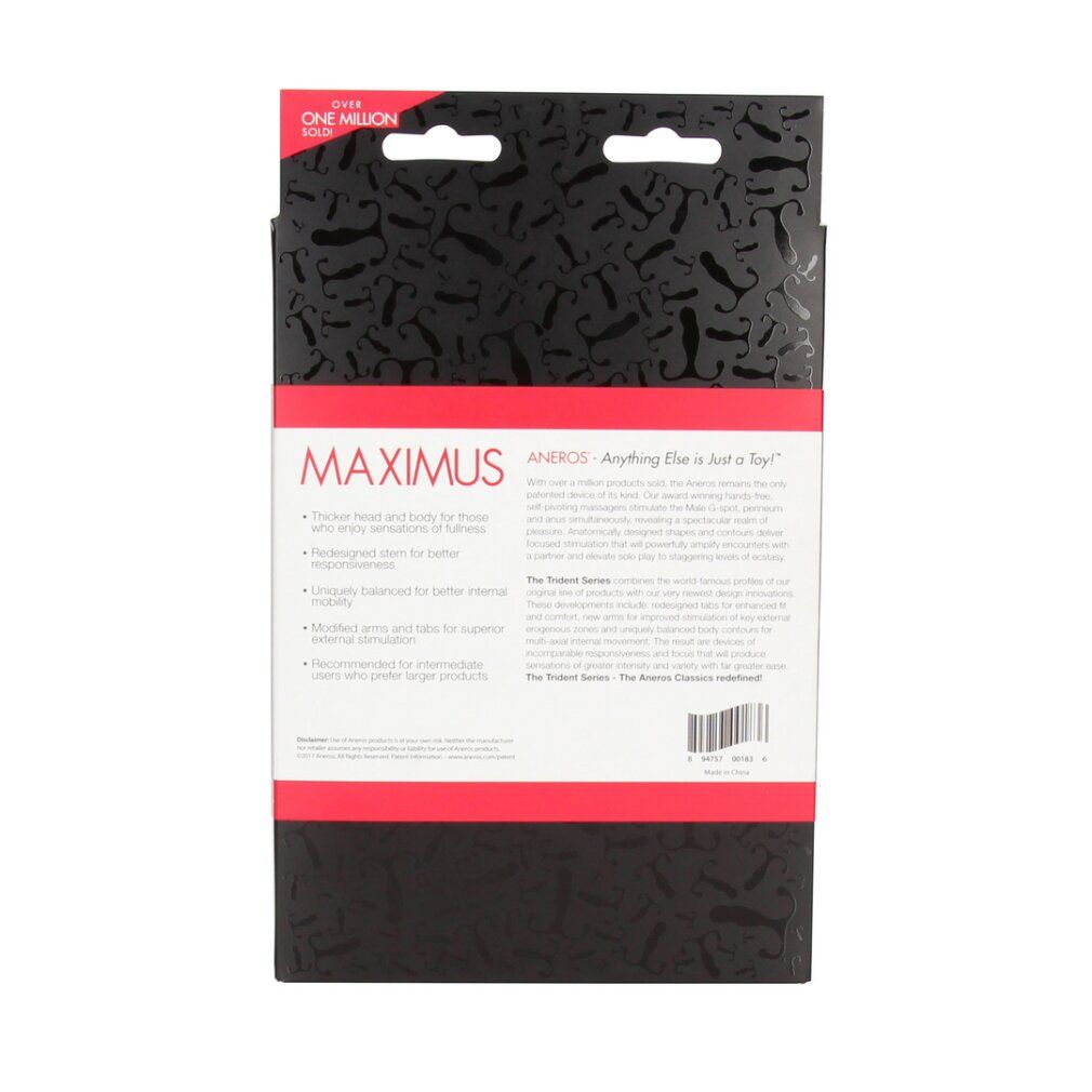 Rückseite der Verpackung des 'Maximus' Gleitmittel-Stimulators von ANEROS mit Produktmerkmalen und Barcode.