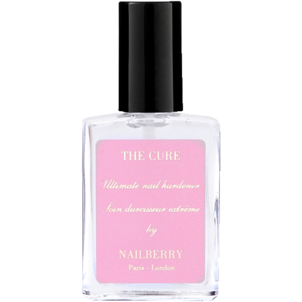 Klare Flasche mit schwarzem Deckel. Rosa Etikett mit Text: THE CURE, Ultimate nail hardener, Soin durcisseur extreme, NAILBERRY.